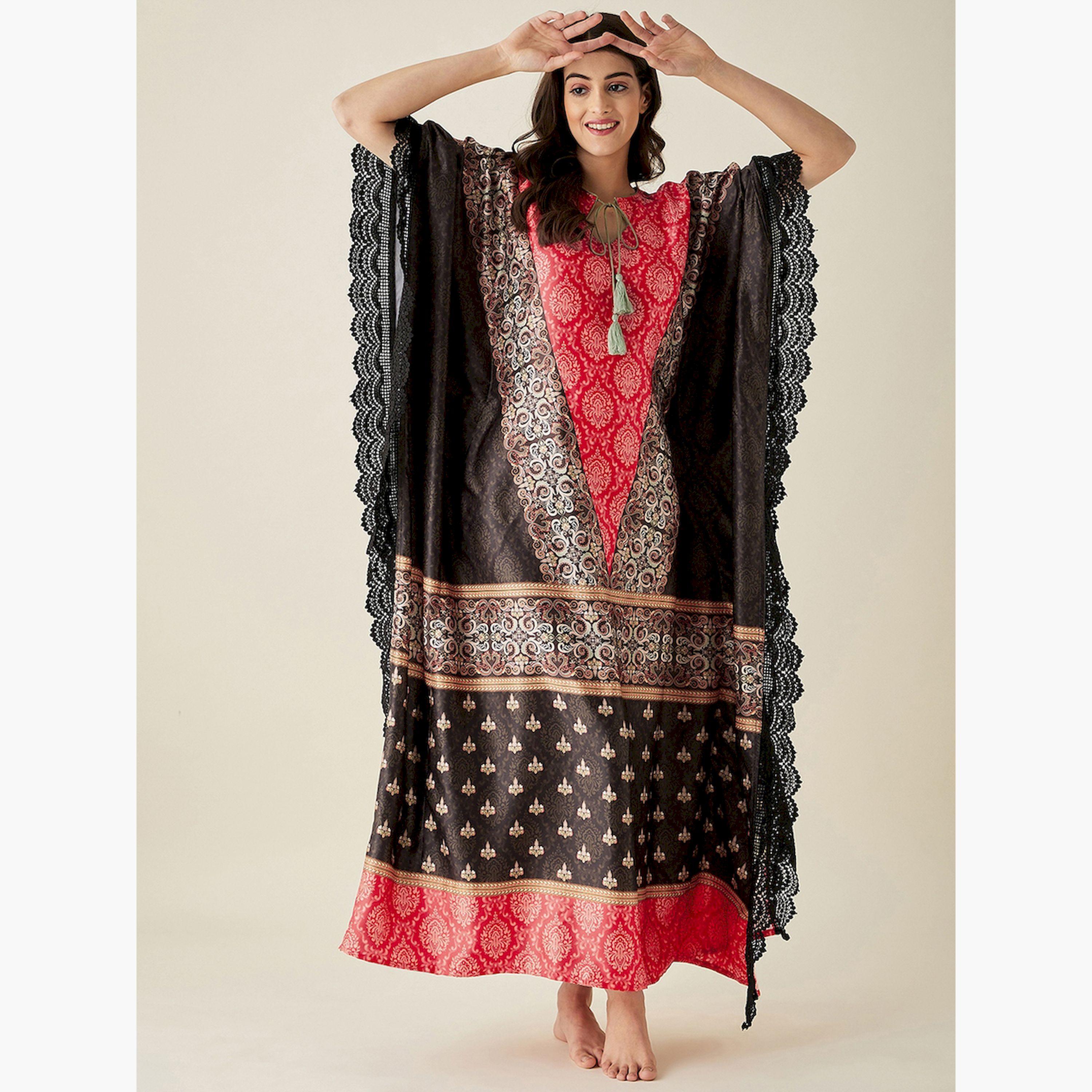 The Kaftan Company X Styli Red Satin Ethnic Motif Printed Kaftan Nightdress-women-clothing-nightwear-nighties-image-2