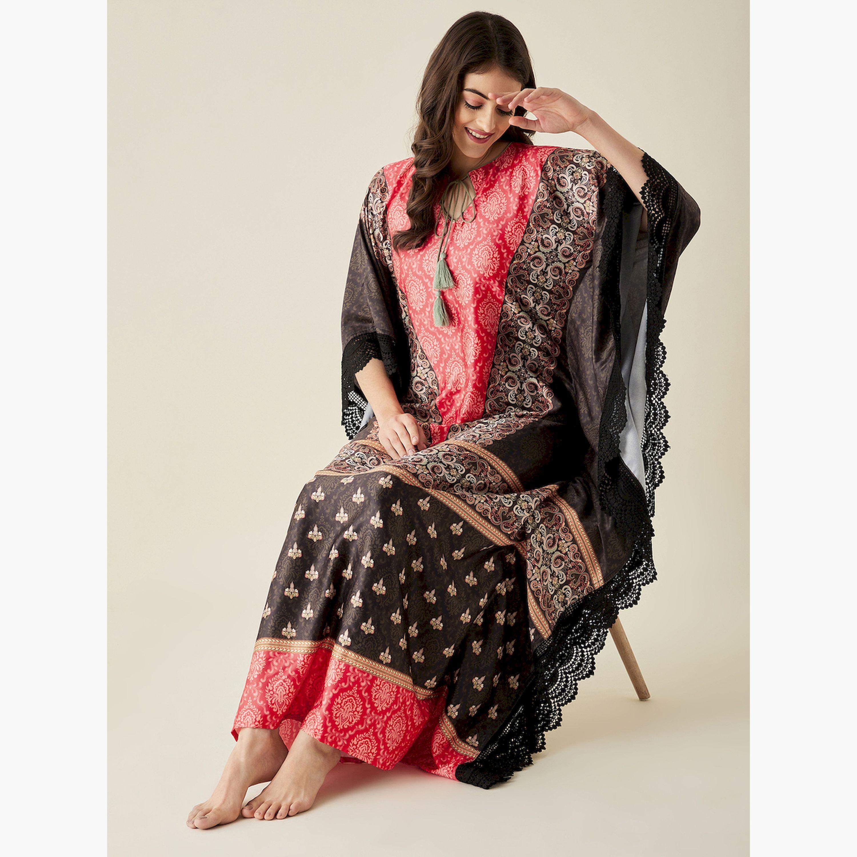 The Kaftan Company X Styli Red Satin Ethnic Motif Printed Kaftan Nightdress-women-clothing-nightwear-nighties-image-3