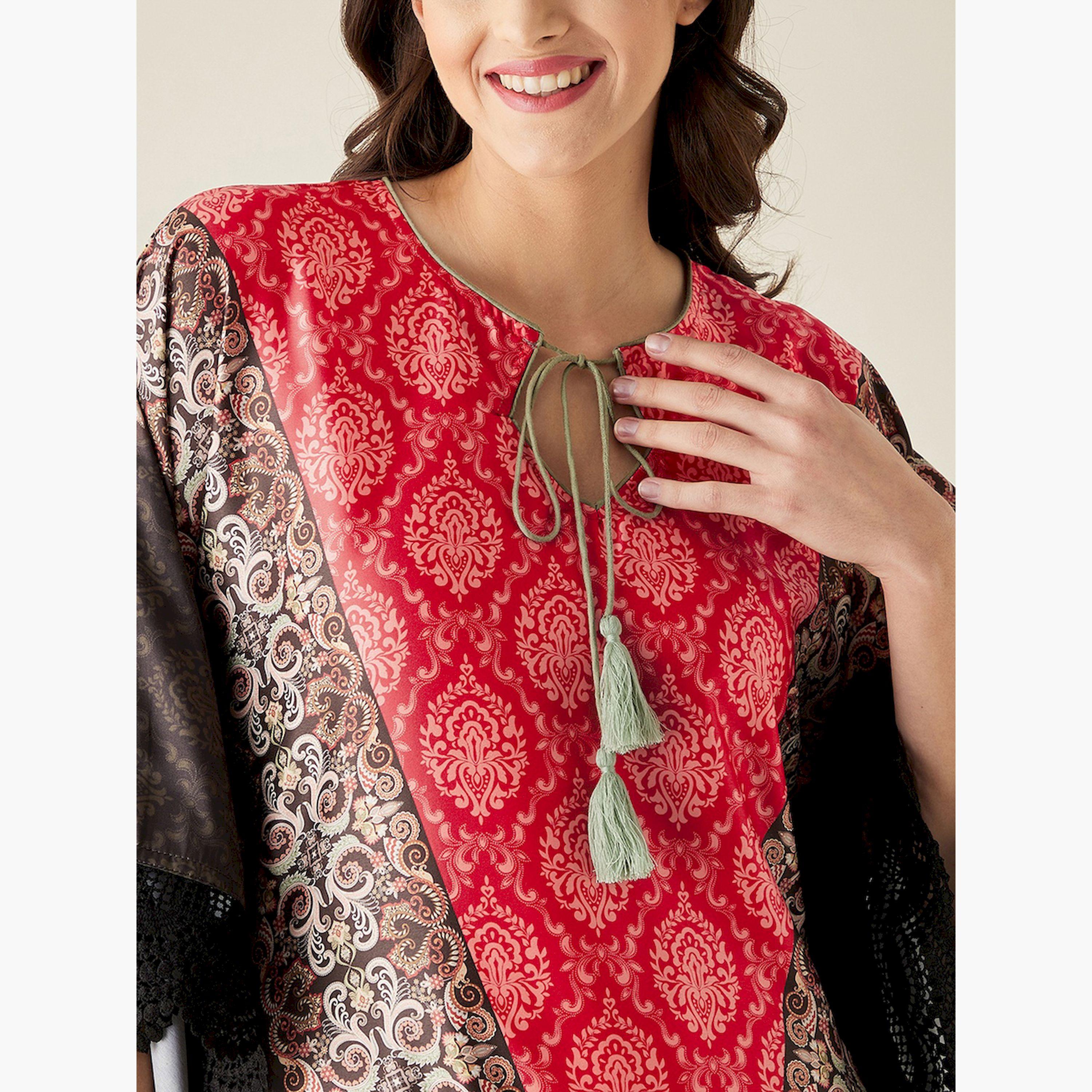 قميص نوم قفطان ساتان أحمر بنقشات إثنية-women-clothing-nightwear-nighties-image-5