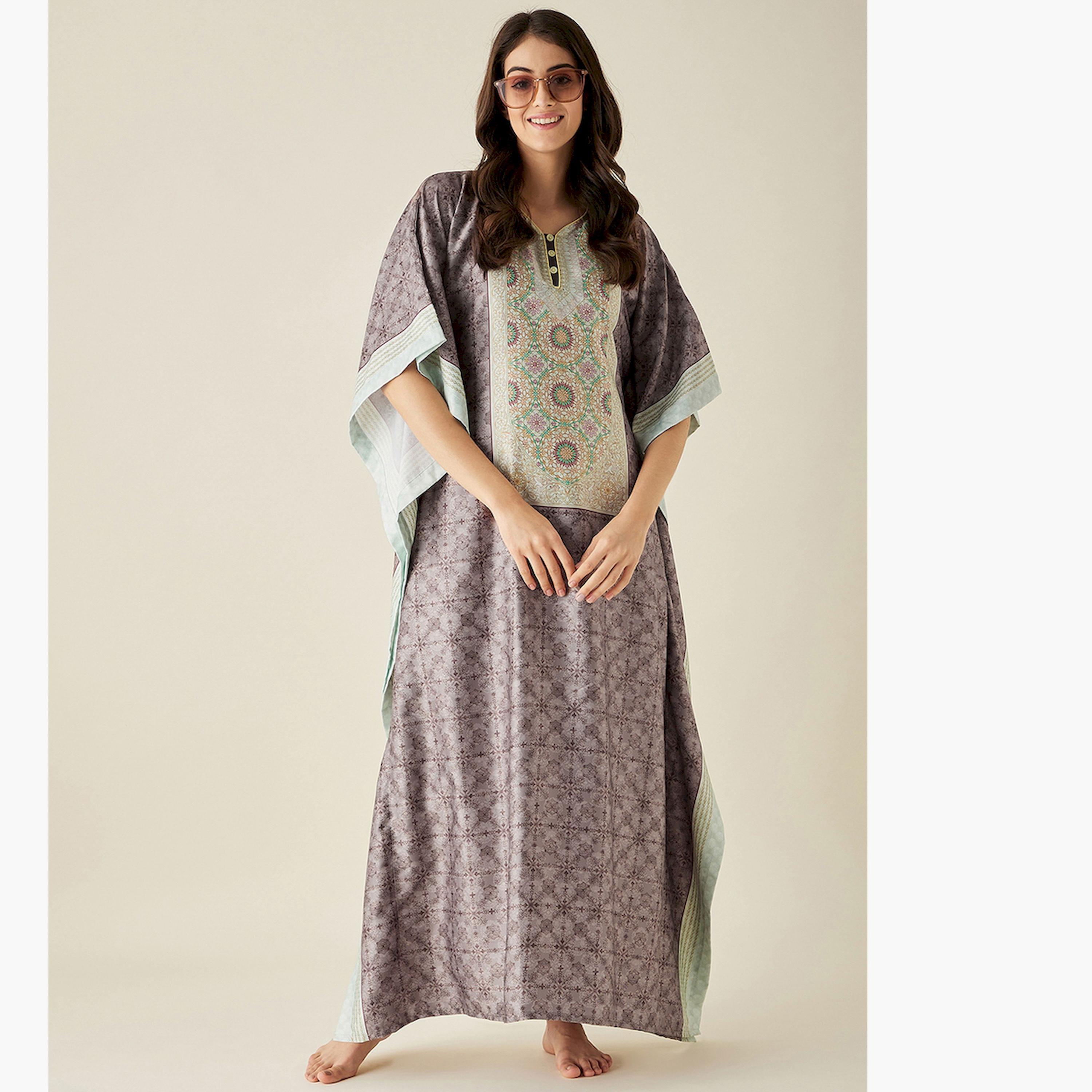 قميص نوم قفطان ساتان بني منقوش بأكمام 3/4-women-clothing-nightwear-nighties-image-1