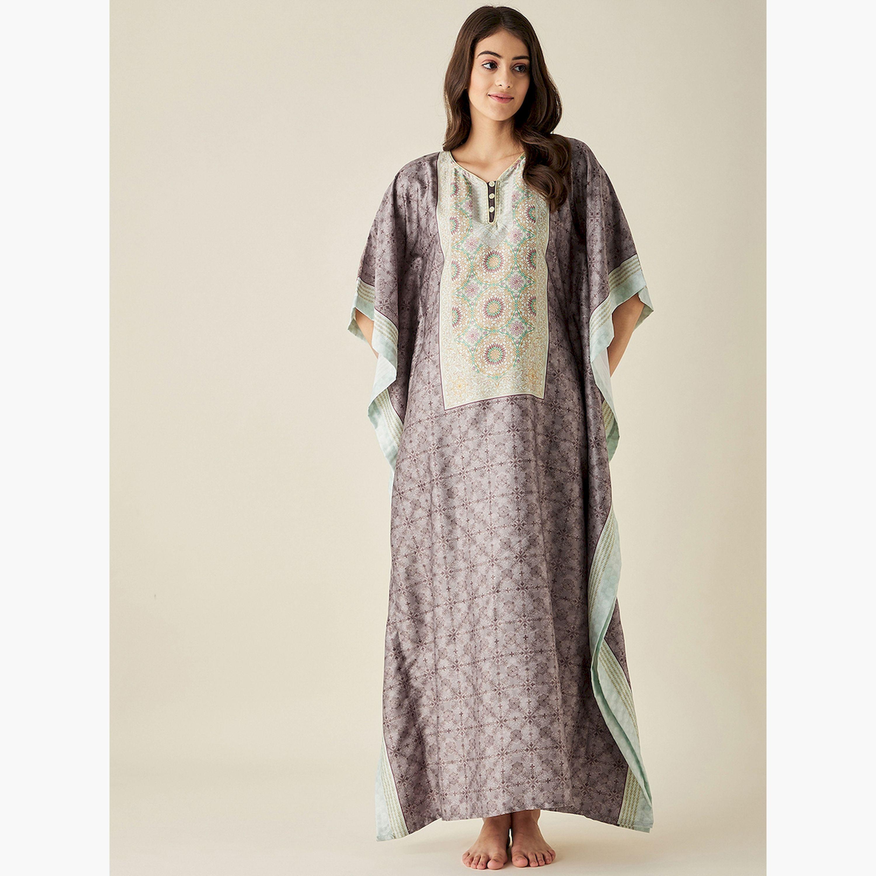 قميص نوم قفطان ساتان بني منقوش بأكمام 3/4-women-clothing-nightwear-nighties-image-2