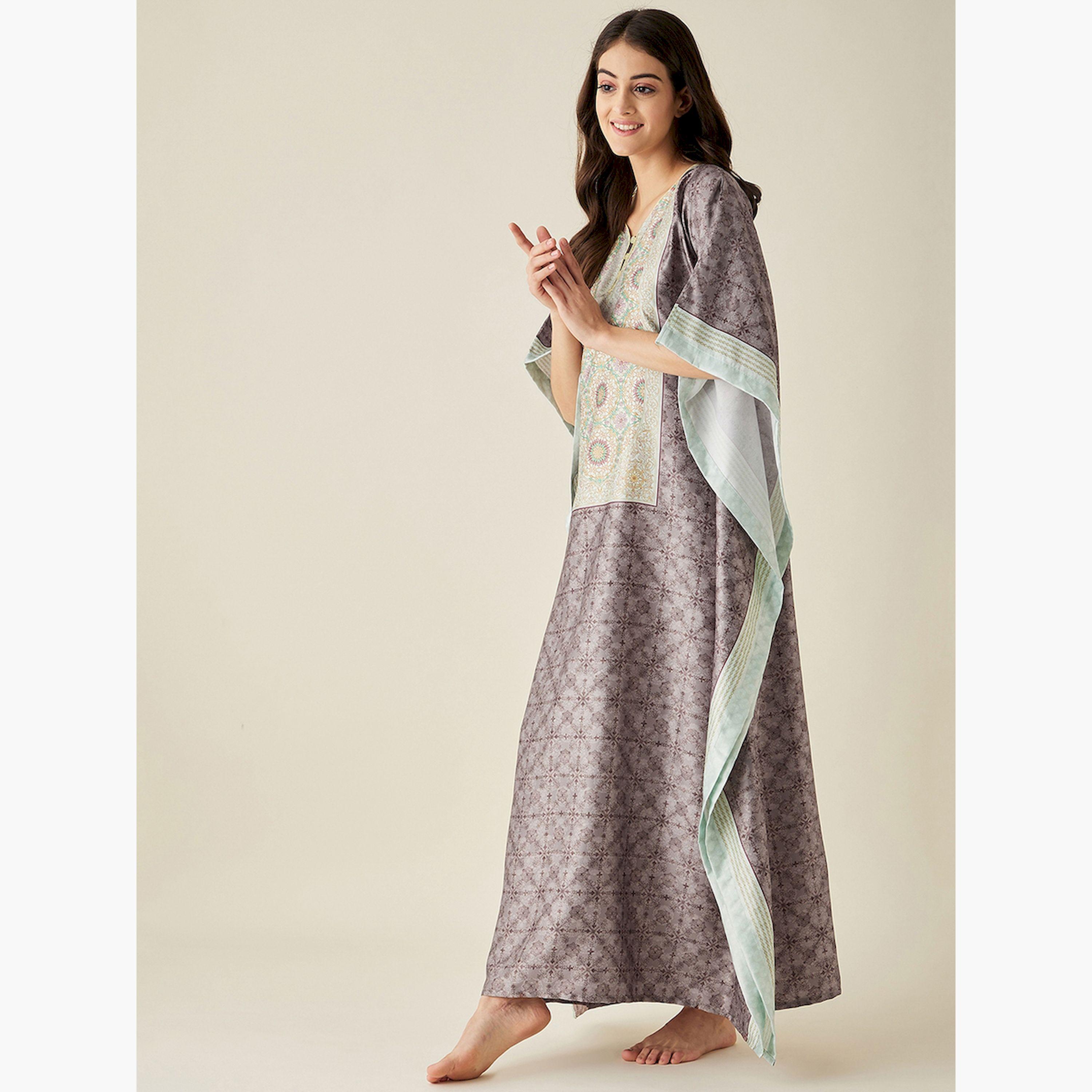 قميص نوم قفطان ساتان بني منقوش بأكمام 3/4-women-clothing-nightwear-nighties-image-3