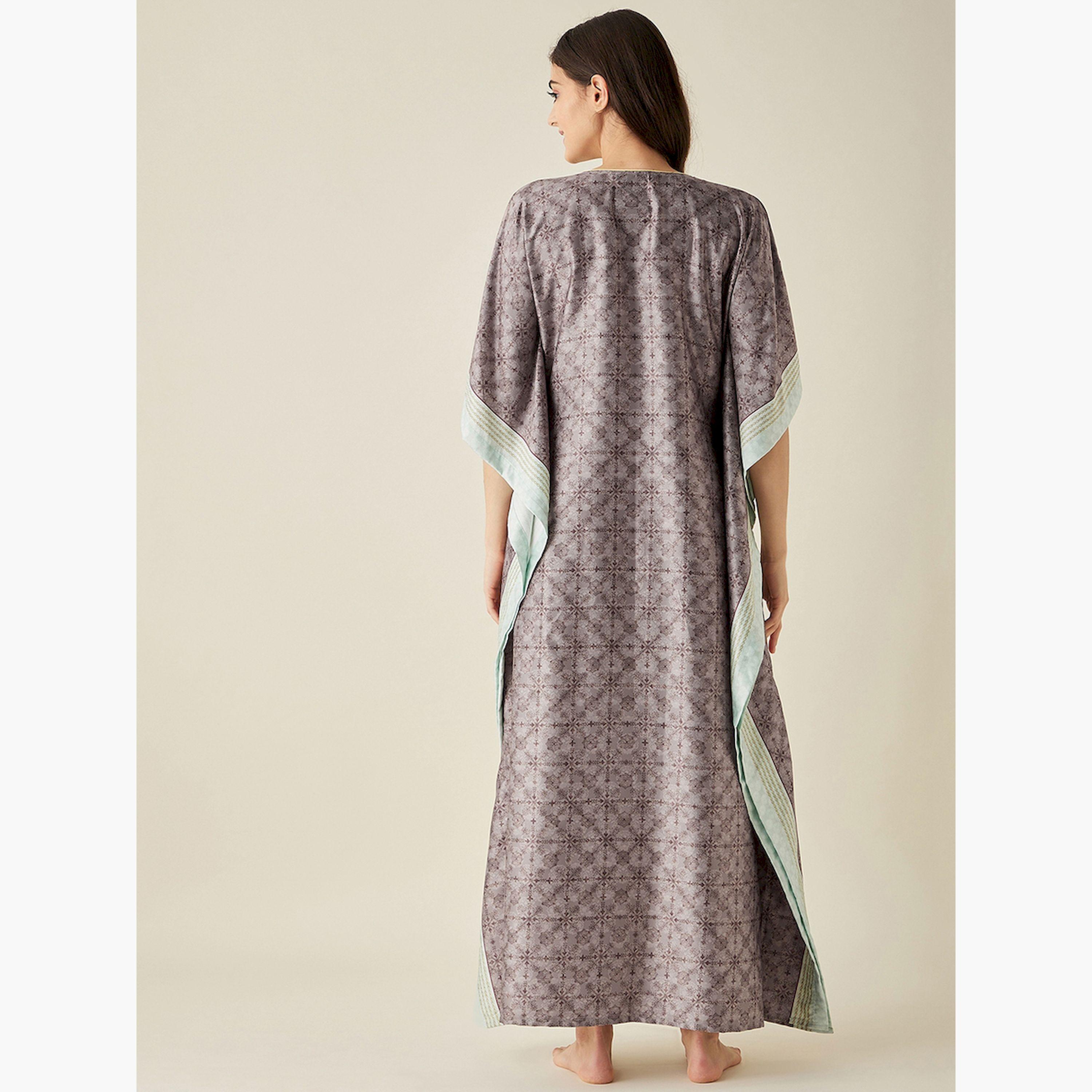 قميص نوم قفطان ساتان بني منقوش بأكمام 3/4-women-clothing-nightwear-nighties-image-4