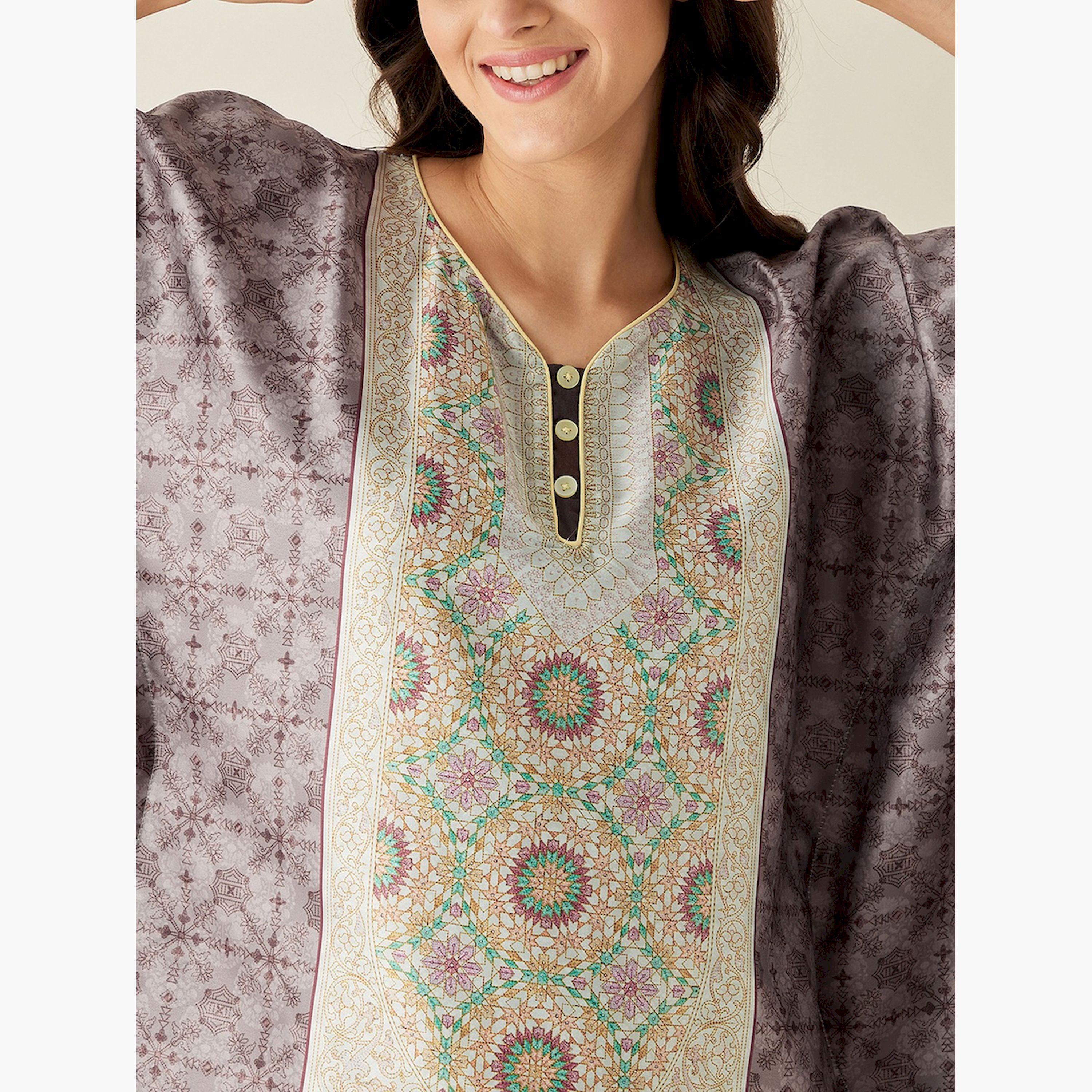 قميص نوم قفطان ساتان بني منقوش بأكمام 3/4-women-clothing-nightwear-nighties-image-5