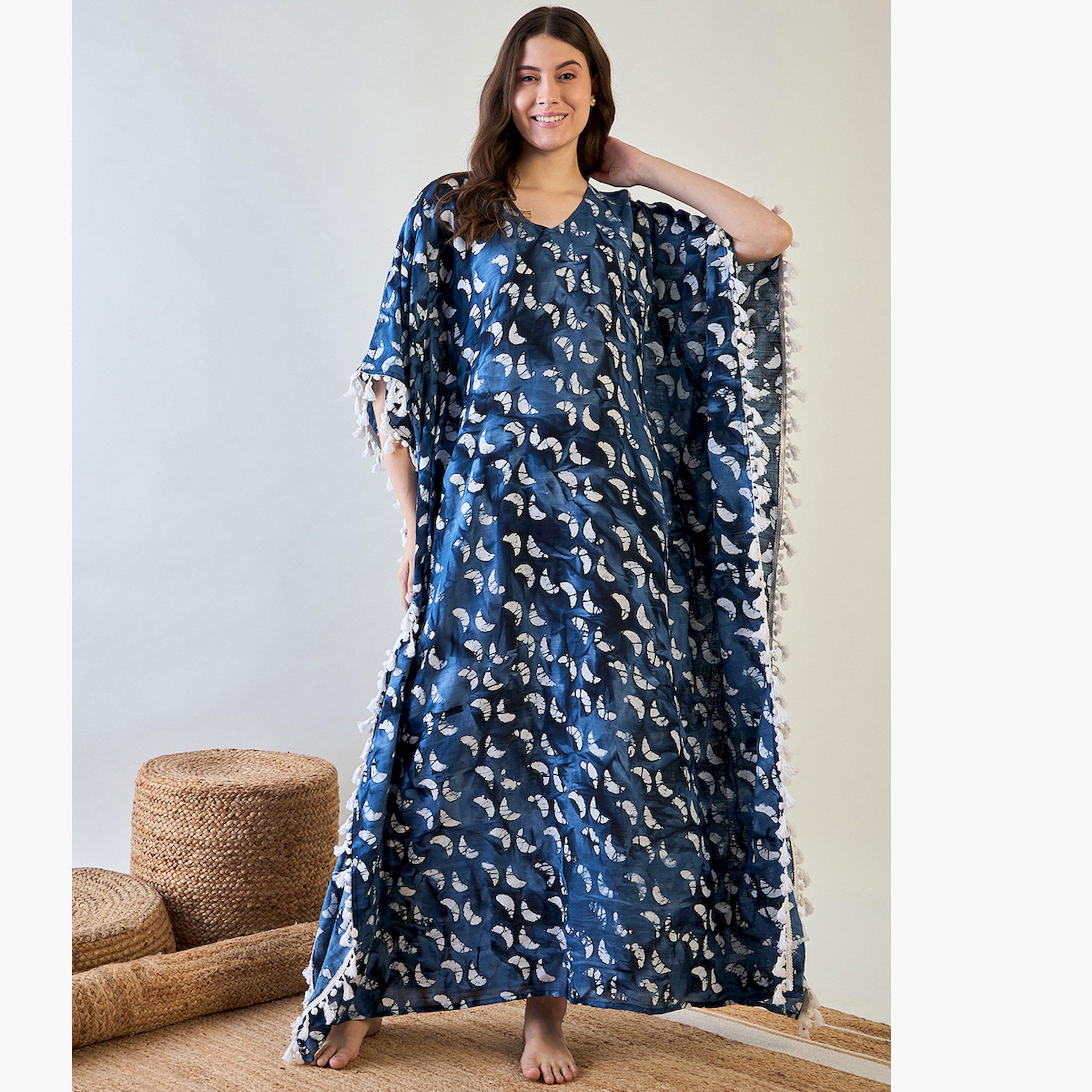 The Kaftan Company X Styli Blue Batik Cotton Kaftan with White Tassel Trim-women-clothing-nightwear-nighties-image-1
