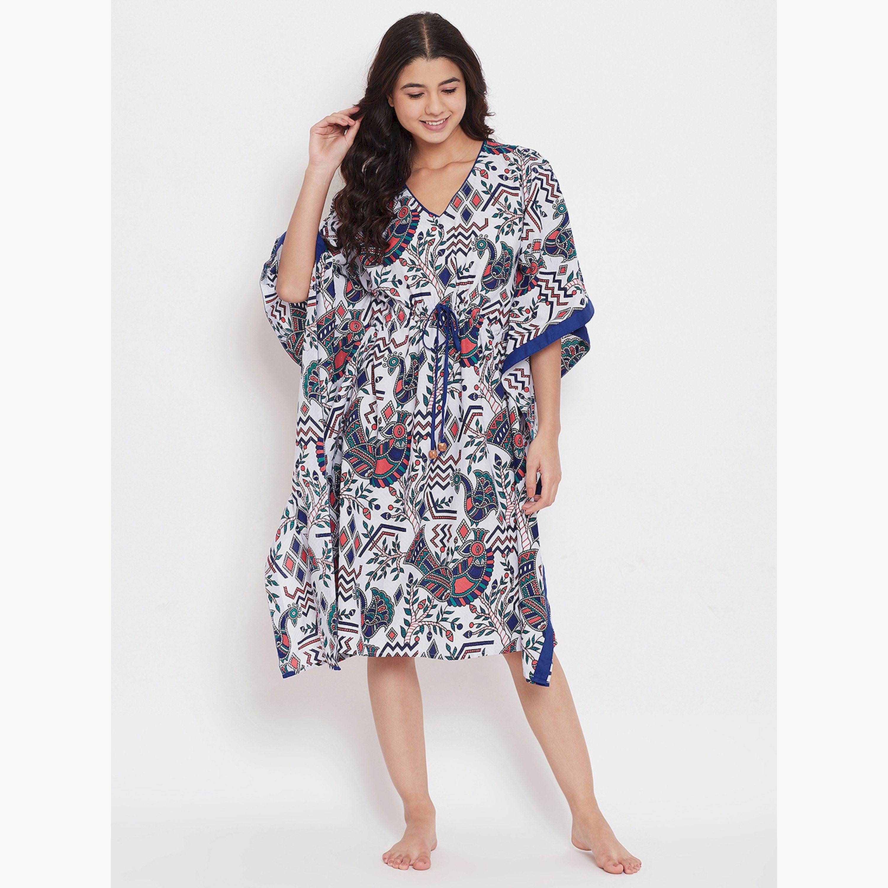 The Kaftan Company X Styli White Cotton Printed Kaftan Nightdress with 3/4 Sleeves-women-clothing-nightwear-nighties-image-1