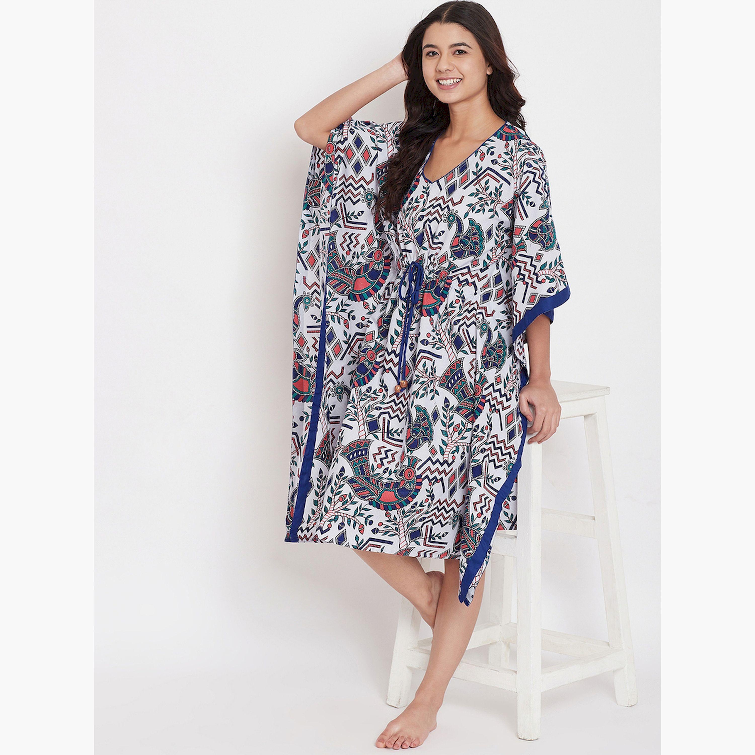 The Kaftan Company X Styli White Cotton Printed Kaftan Nightdress with 3/4 Sleeves-women-clothing-nightwear-nighties-image-2