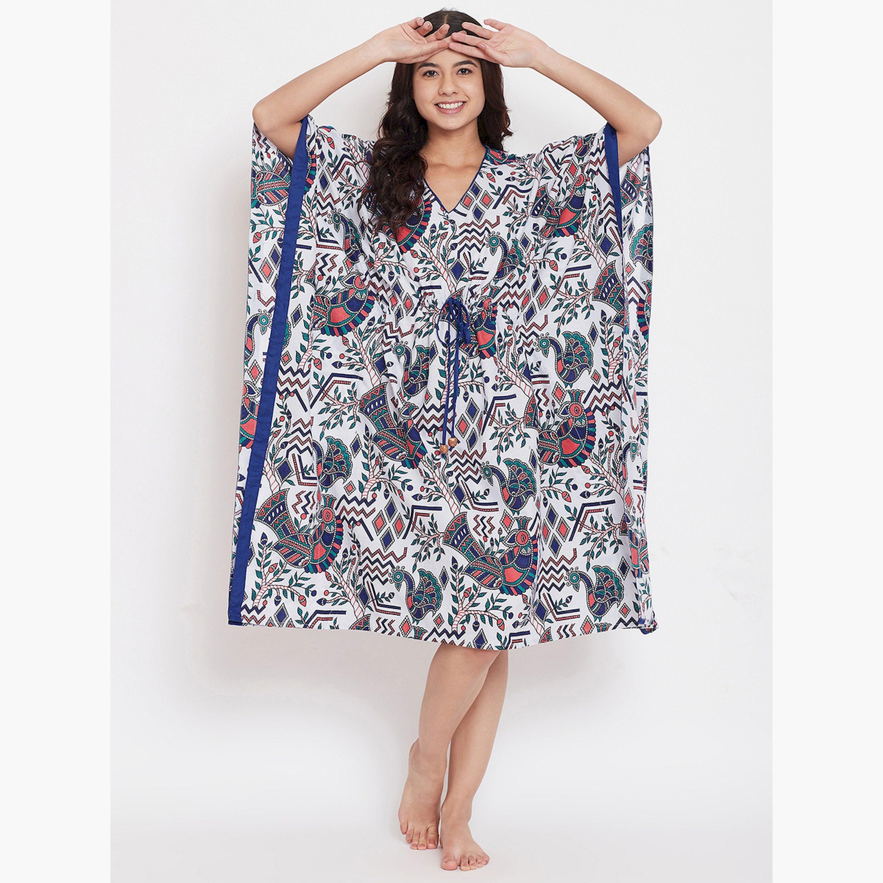 The Kaftan Company X Styli White Cotton Printed Kaftan Nightdress with 3/4 Sleeves-women-clothing-nightwear-nighties-image-3