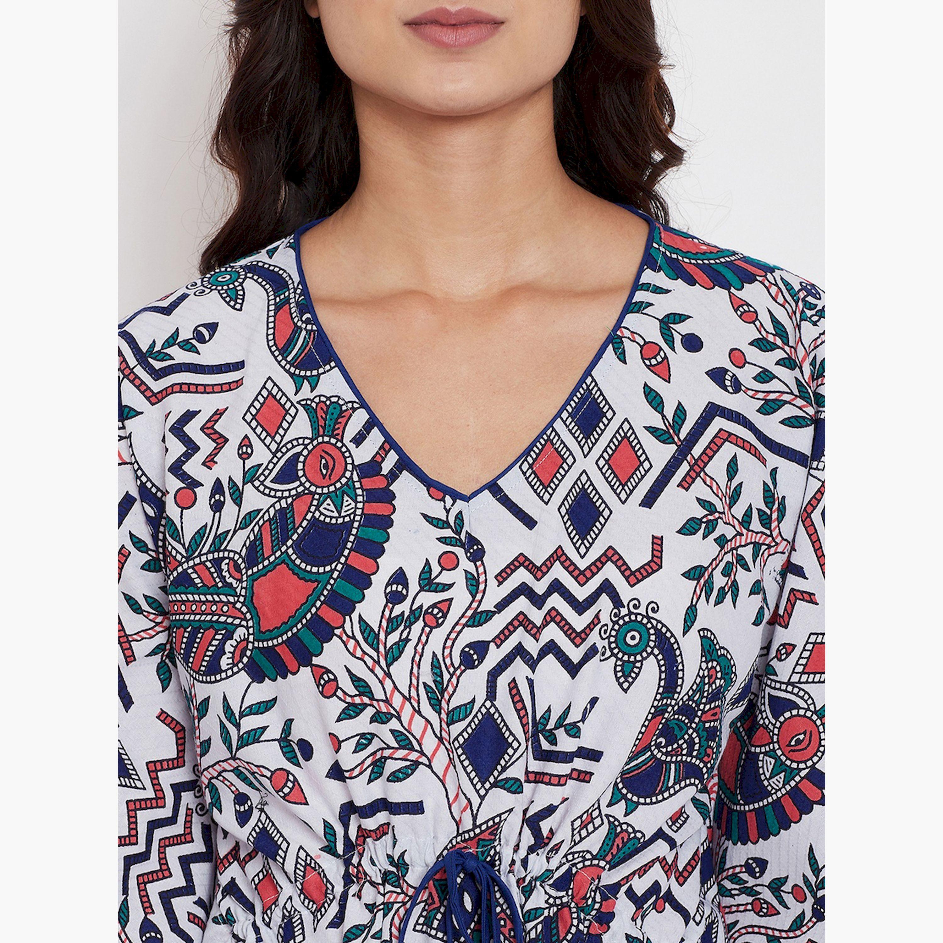 The Kaftan Company X Styli White Cotton Printed Kaftan Nightdress with 3/4 Sleeves-women-clothing-nightwear-nighties-image-5