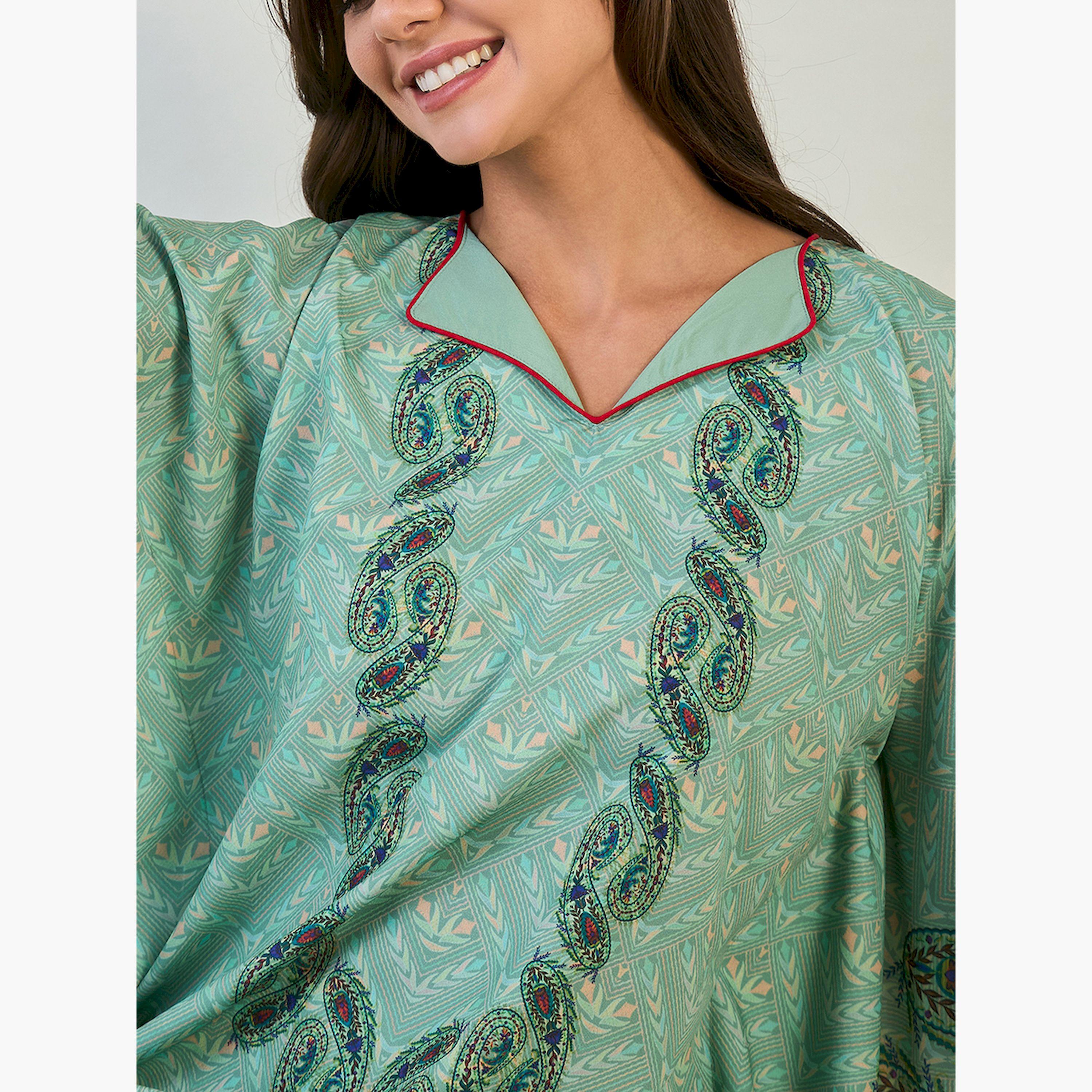 قميص نوم قفطان أخضر بنقشة البايزلي وأكمام 3/4-women-clothing-nightwear-nighties-image-5