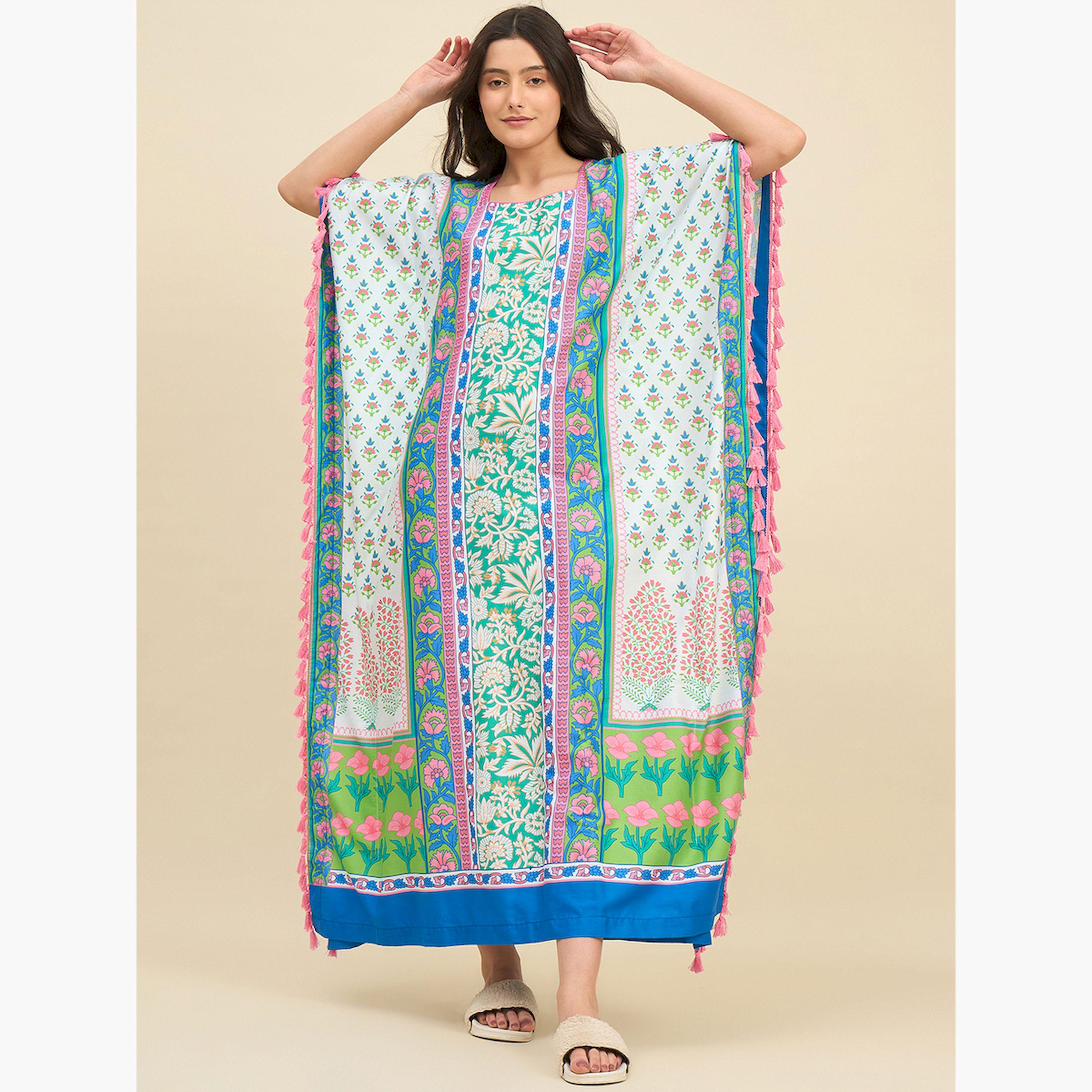 The Kaftan Company X Styli Multicolor Floral Printed Kaftan Nightdress with Tassel Trim-women-clothing-nightwear-nighties-image-1