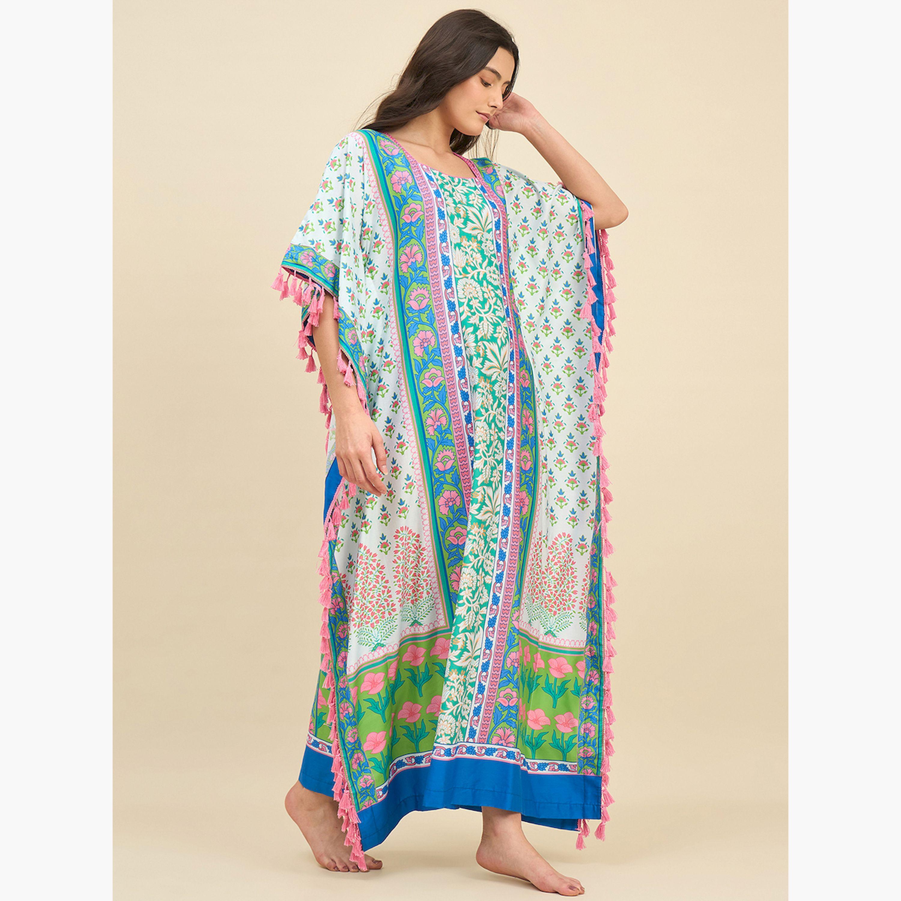قميص نوم قفطان متعدد الألوان بنقشة الزهور وشرابات-women-clothing-nightwear-nighties-image-3