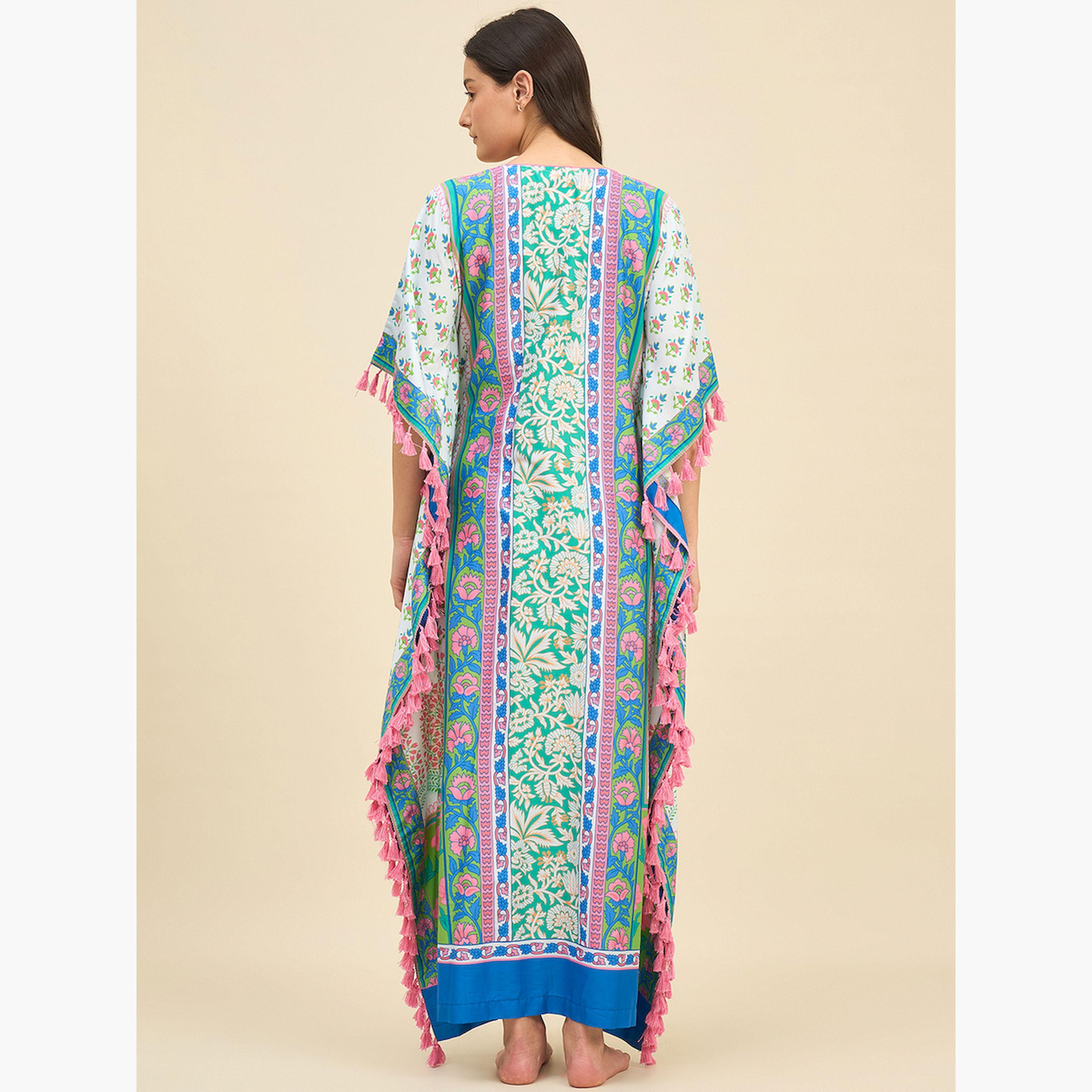 قميص نوم قفطان متعدد الألوان بنقشة الزهور وشرابات-women-clothing-nightwear-nighties-image-4