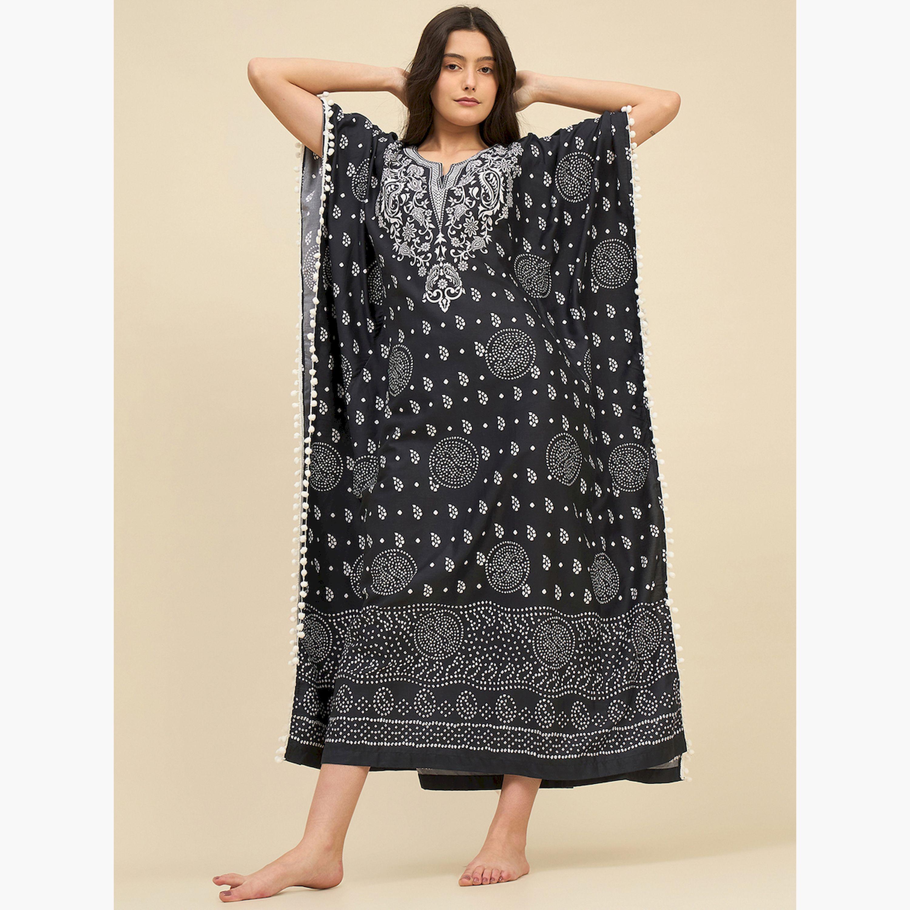 The Kaftan Company X Styli Black and White Ethnic Printed Kaftan Nightdress-women-clothing-nightwear-nighties-image-1