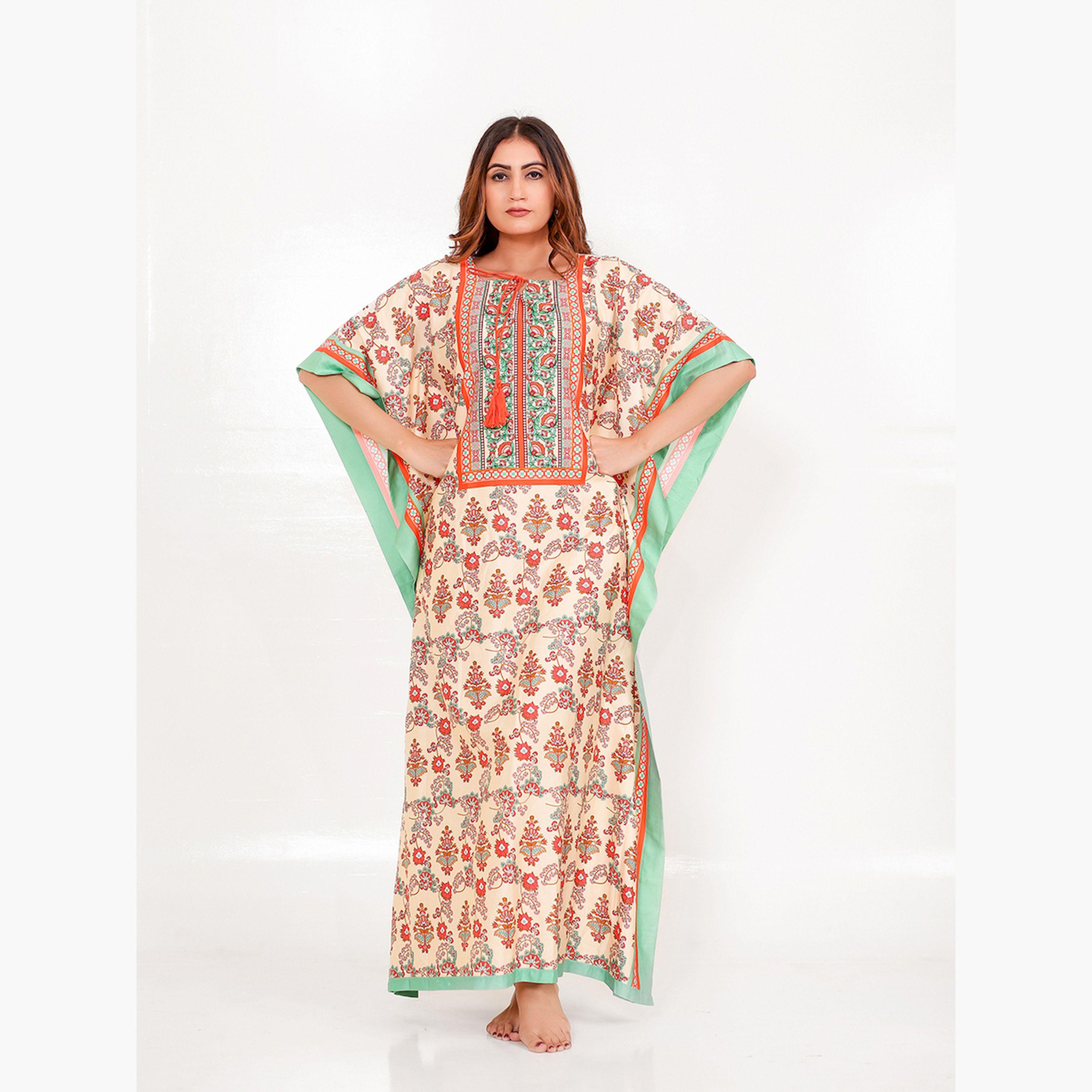 قميص نوم قفطان بيج وأحمر بنقشة البايزلي-women-clothing-nightwear-nighties-image-1