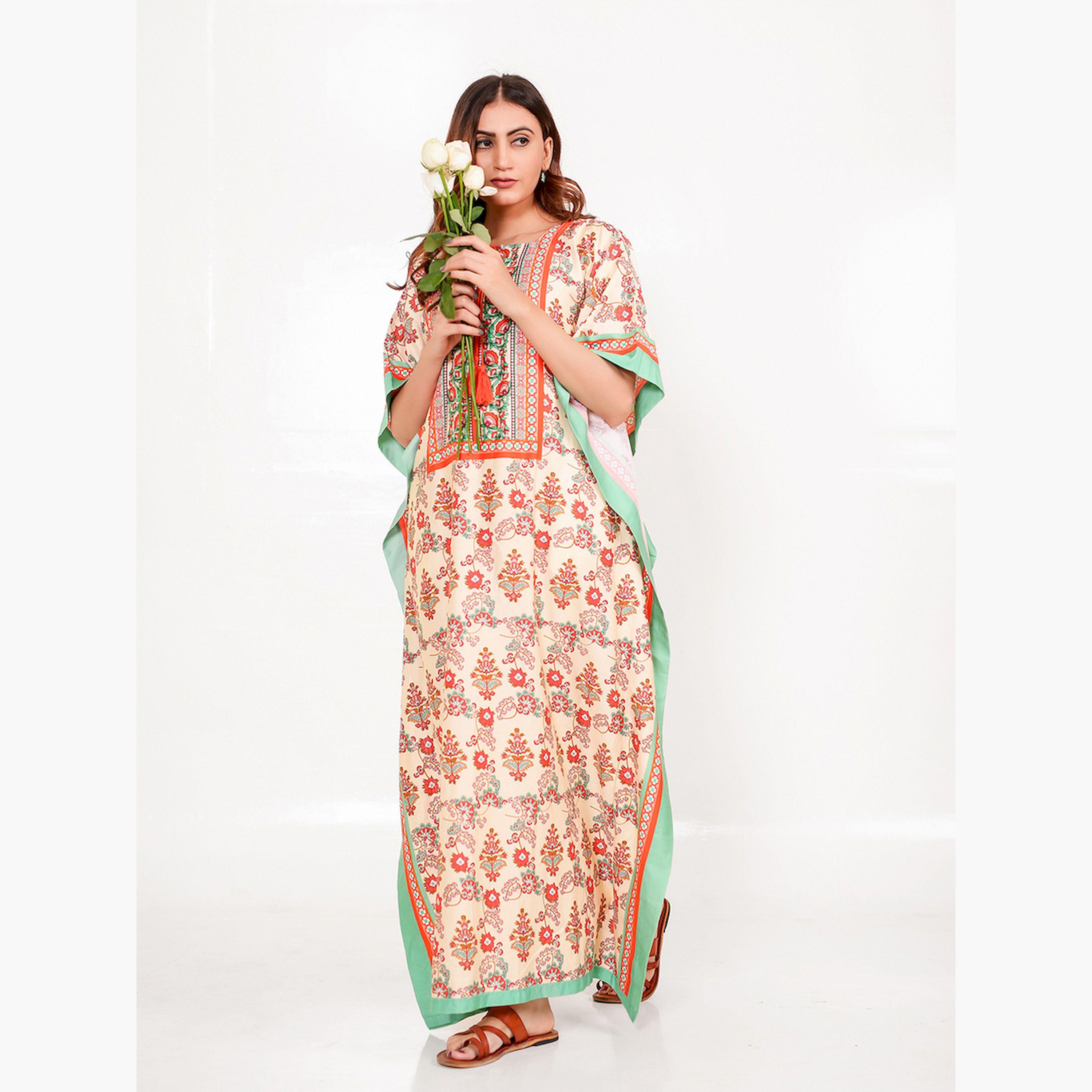 قميص نوم قفطان بيج وأحمر بنقشة البايزلي-women-clothing-nightwear-nighties-image-2