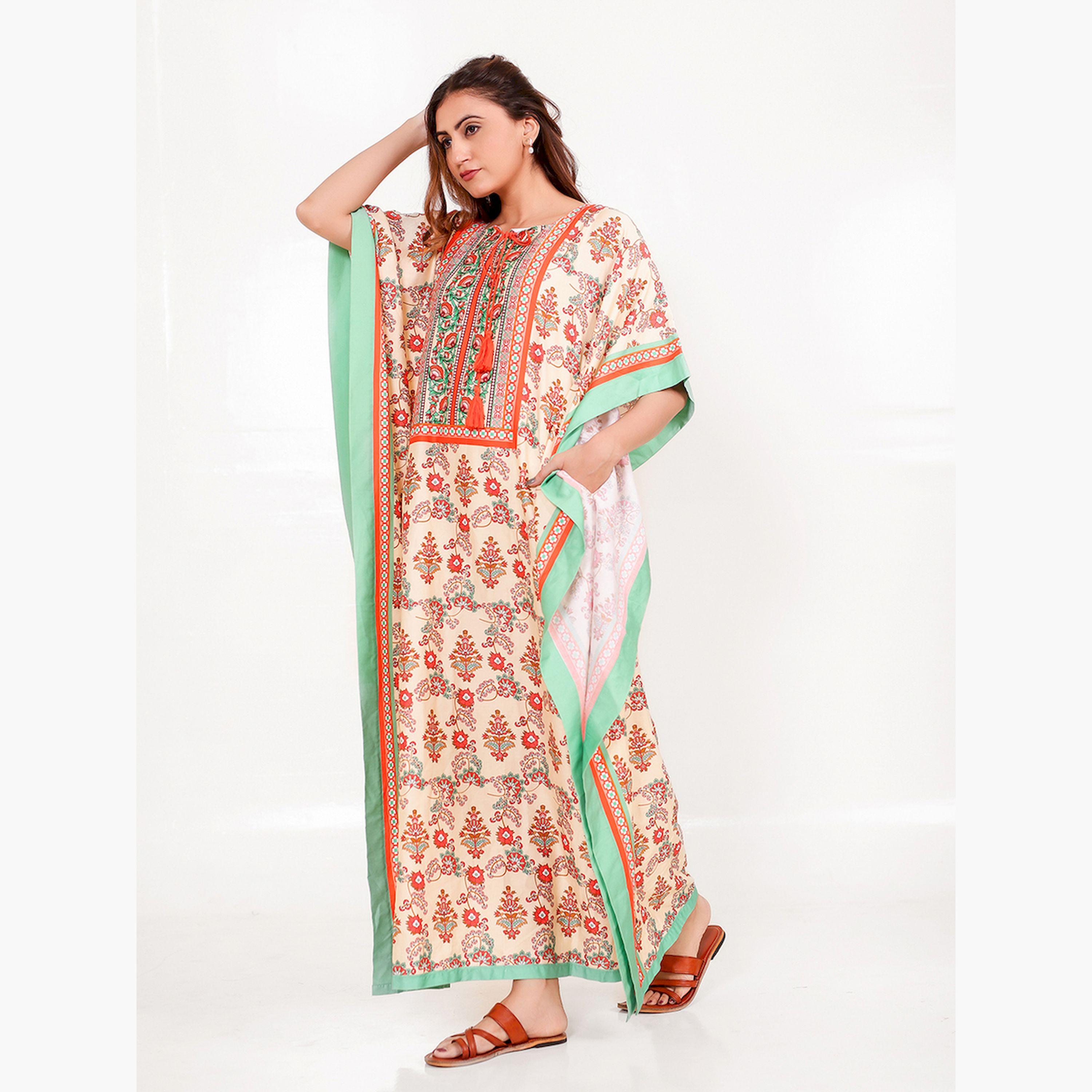قميص نوم قفطان بيج وأحمر بنقشة البايزلي-women-clothing-nightwear-nighties-image-3