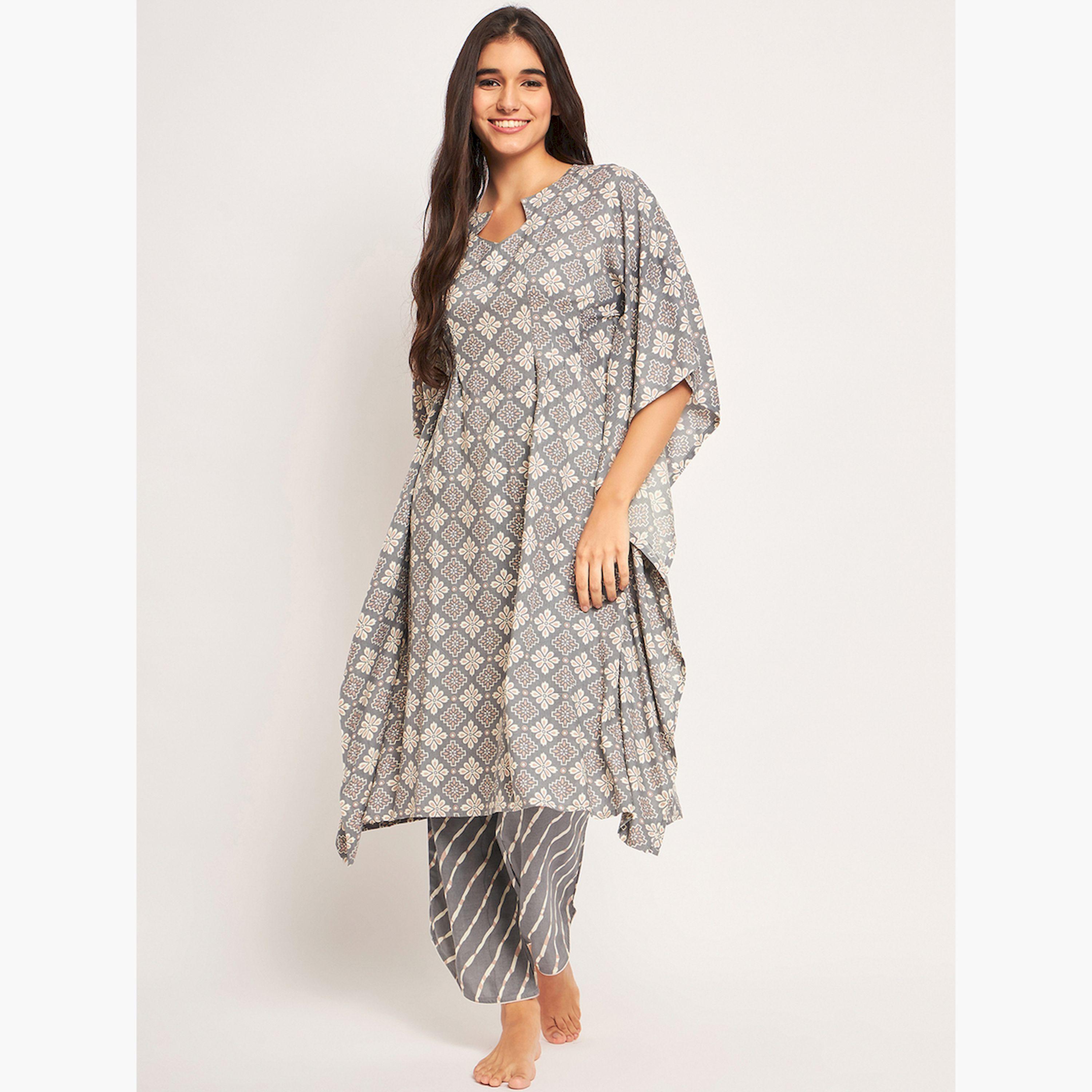 طقم قميص نوم قفطان رمادي بنقشة الزهور مع بنطال-women-clothing-nightwear-pyjamas-longsets-image-1