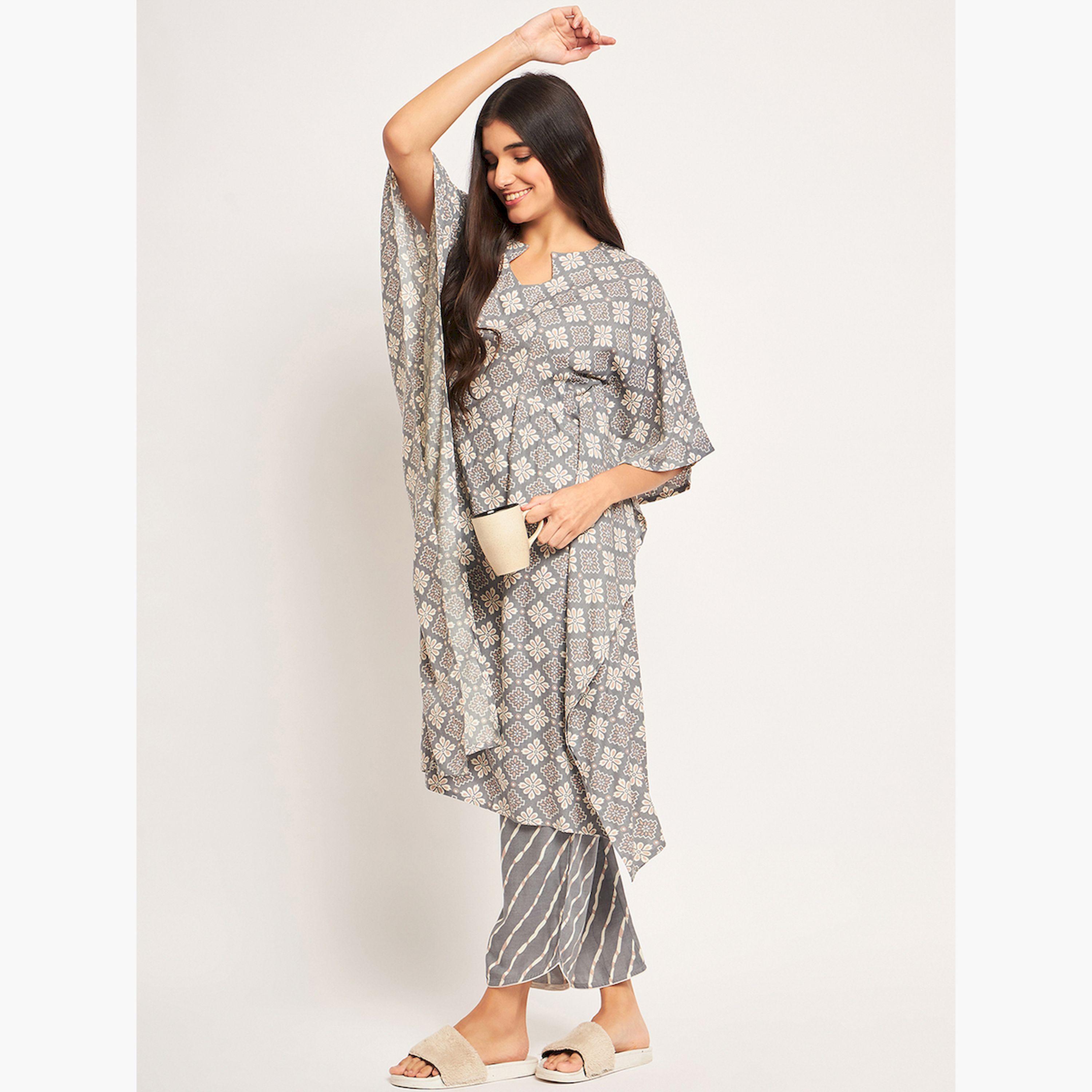 طقم قميص نوم قفطان رمادي بنقشة الزهور مع بنطال-women-clothing-nightwear-pyjamas-longsets-image-2