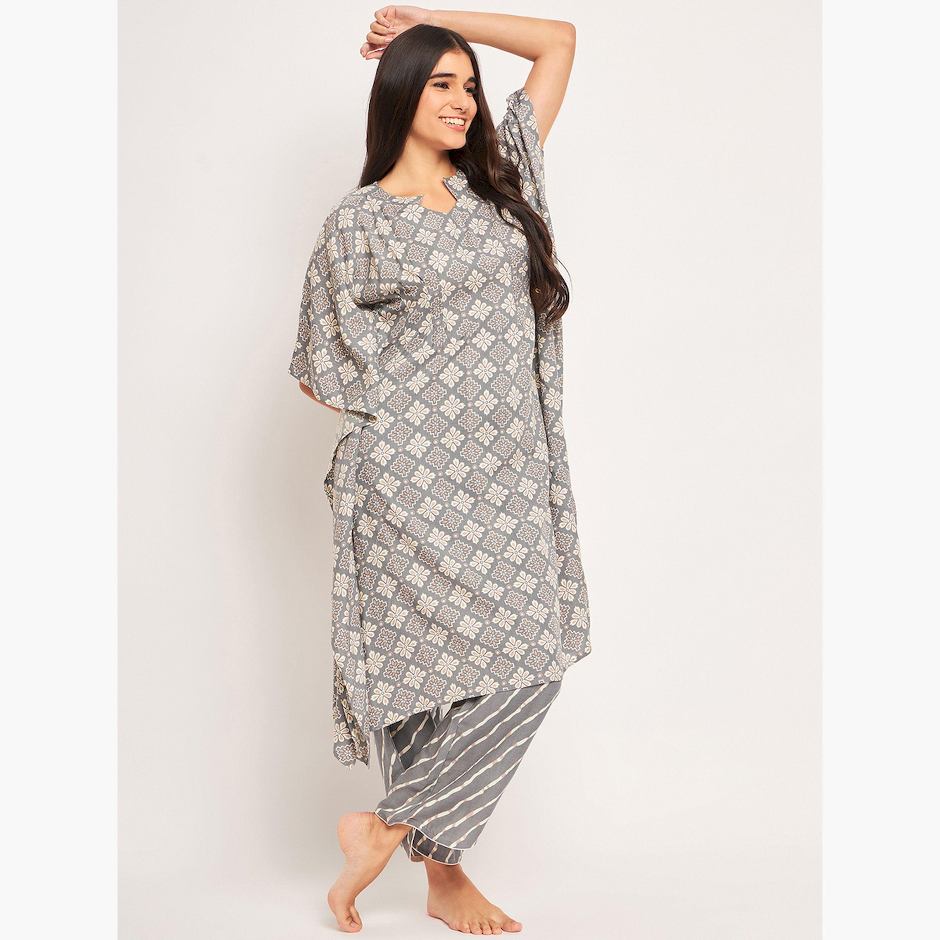 طقم قميص نوم قفطان رمادي بنقشة الزهور مع بنطال-women-clothing-nightwear-pyjamas-longsets-image-3