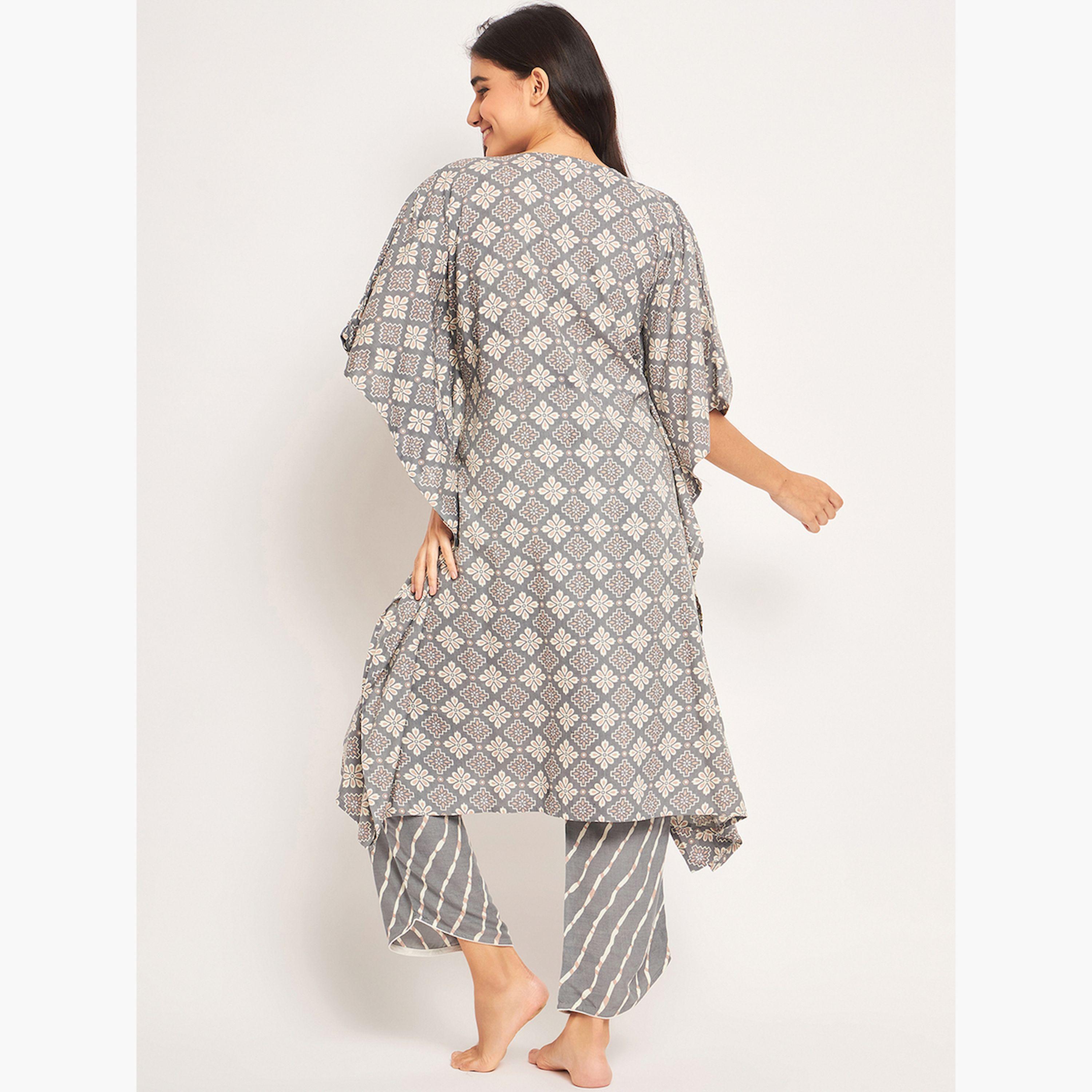طقم قميص نوم قفطان رمادي بنقشة الزهور مع بنطال-women-clothing-nightwear-pyjamas-longsets-image-4