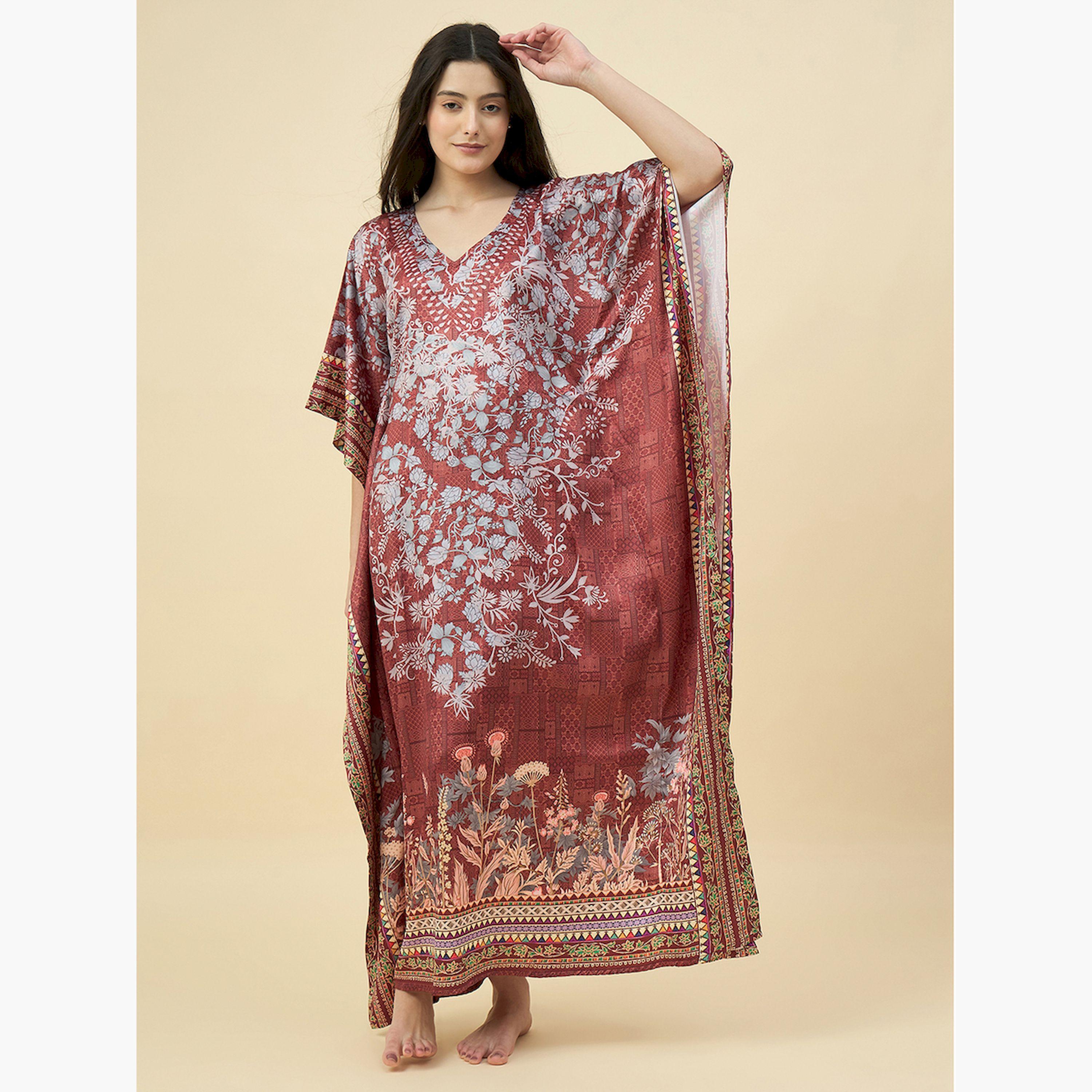 قميص نوم قفطان ساتان بني بنقشة الزهور مع جيوب-women-clothing-nightwear-nighties-image-1