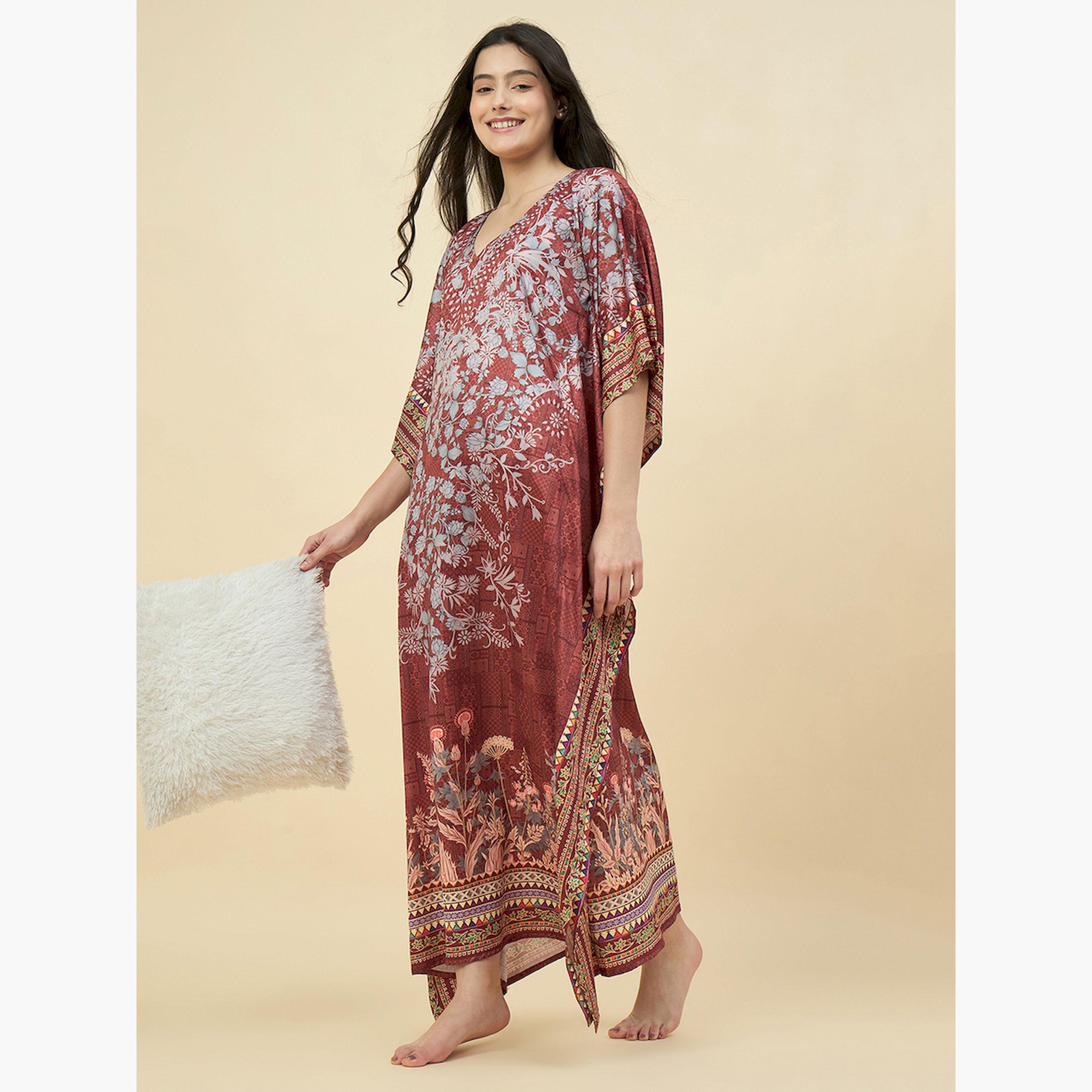 قميص نوم قفطان ساتان بني بنقشة الزهور مع جيوب-women-clothing-nightwear-nighties-image-2