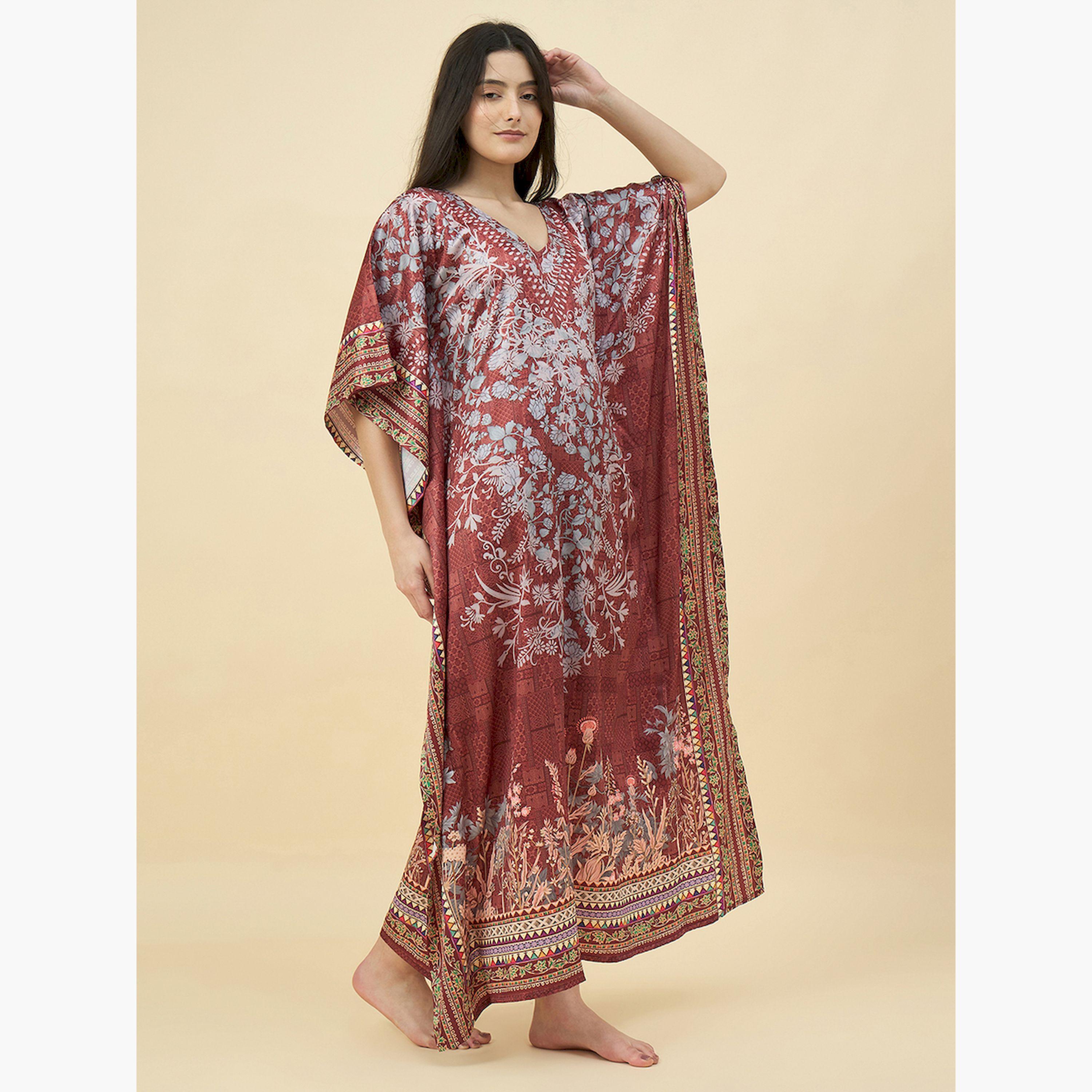 قميص نوم قفطان ساتان بني بنقشة الزهور مع جيوب-women-clothing-nightwear-nighties-image-3