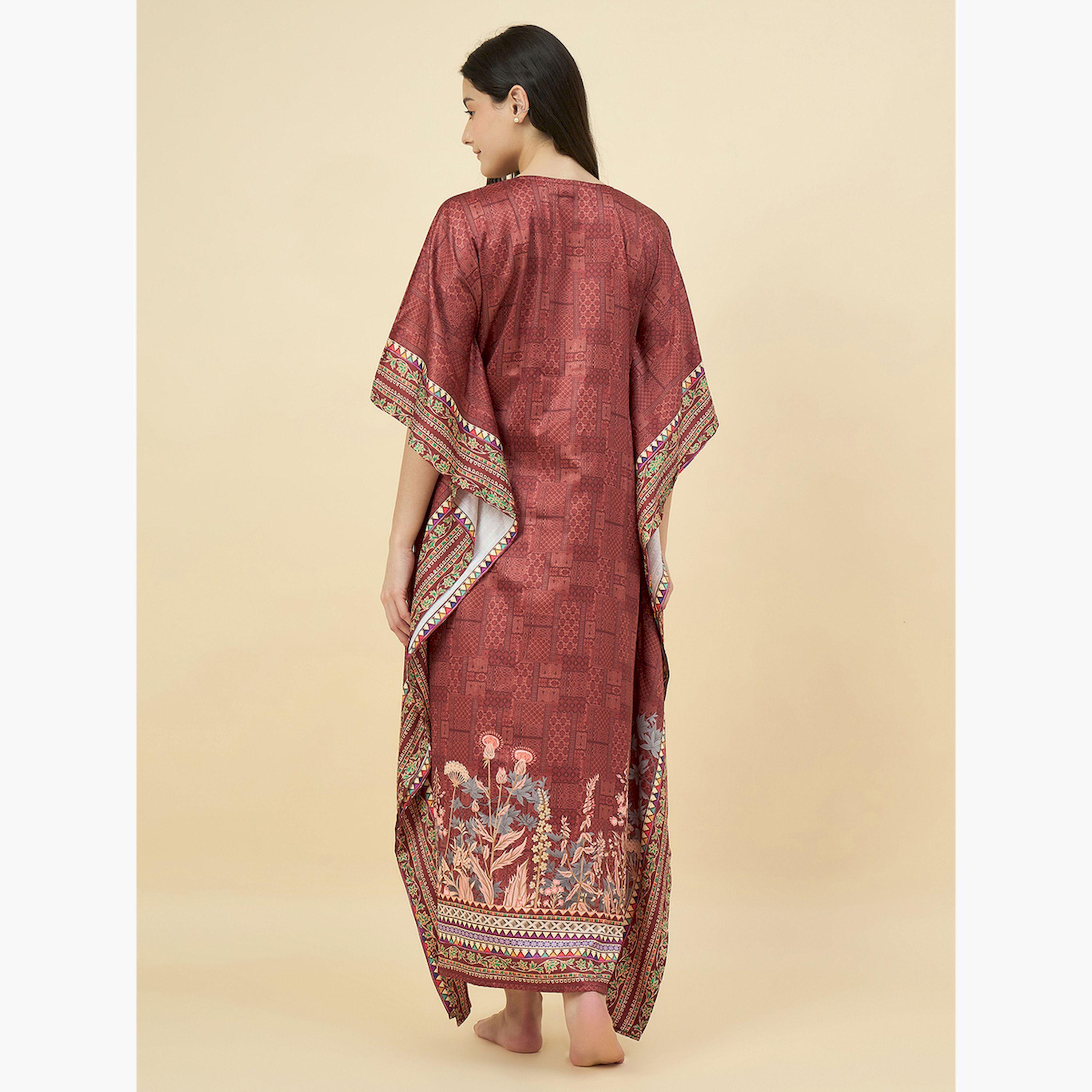 قميص نوم قفطان ساتان بني بنقشة الزهور مع جيوب-women-clothing-nightwear-nighties-image-4