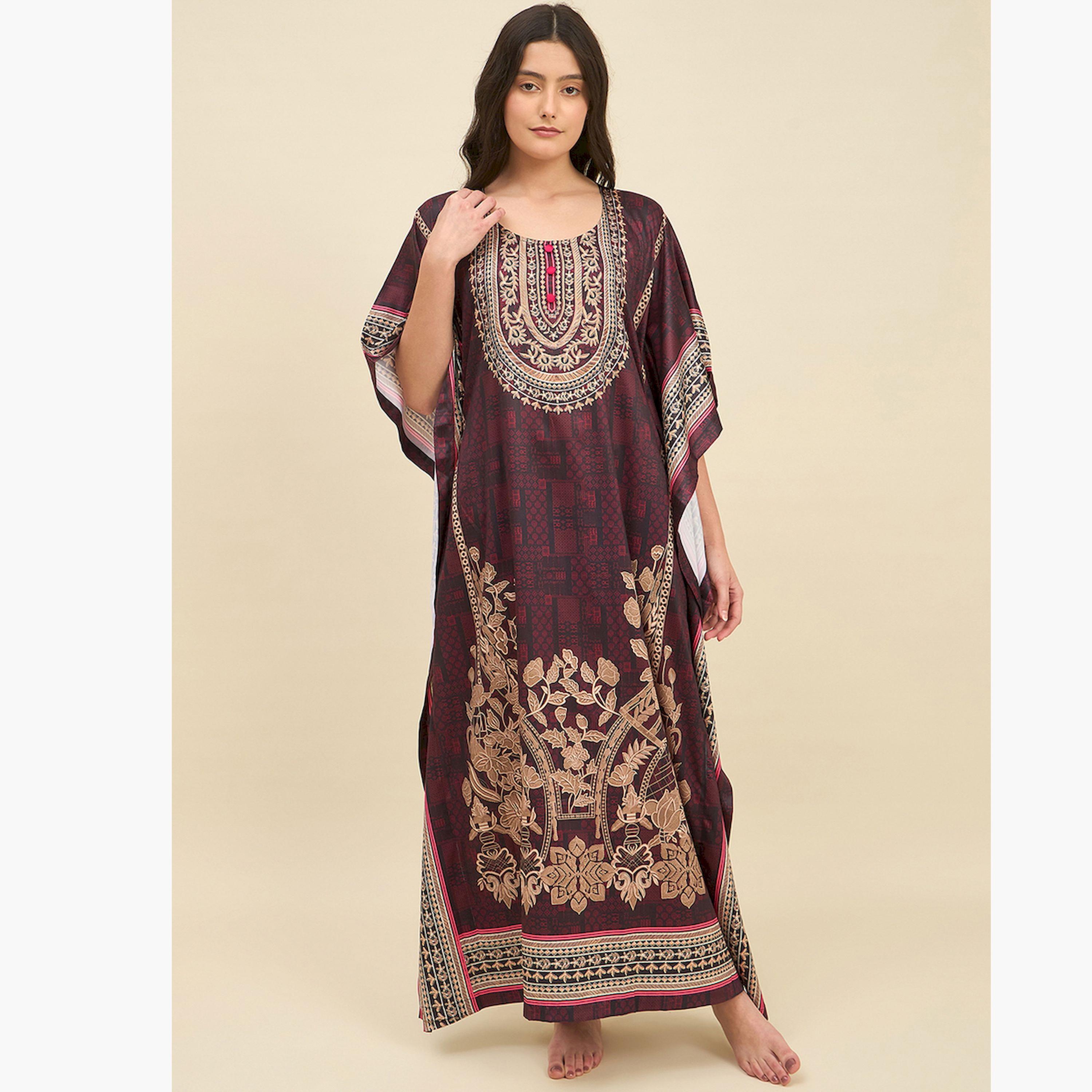The Kaftan Company X Styli Brown Satin Printed Kaftan Nightdress-women-clothing-nightwear-nighties-image-1