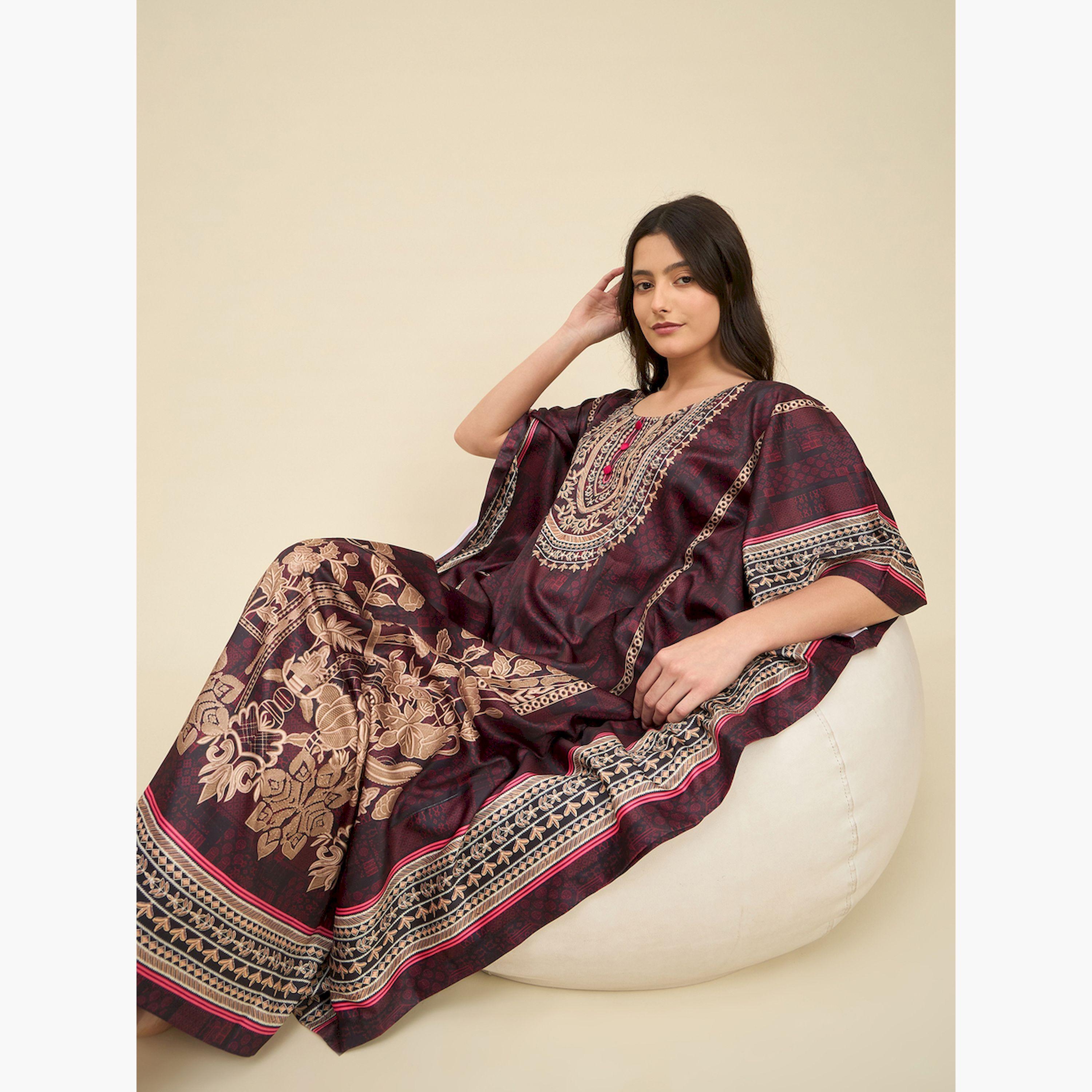 The Kaftan Company X Styli Brown Satin Printed Kaftan Nightdress-women-clothing-nightwear-nighties-image-2