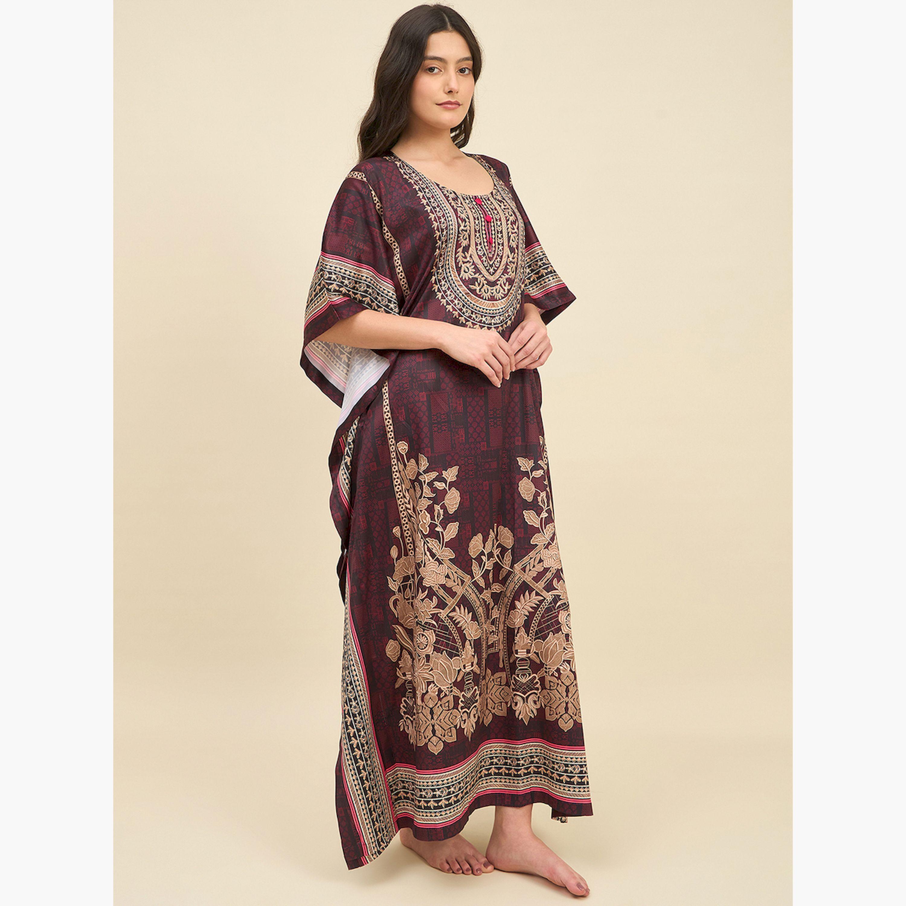 The Kaftan Company X Styli Brown Satin Printed Kaftan Nightdress-women-clothing-nightwear-nighties-image-3