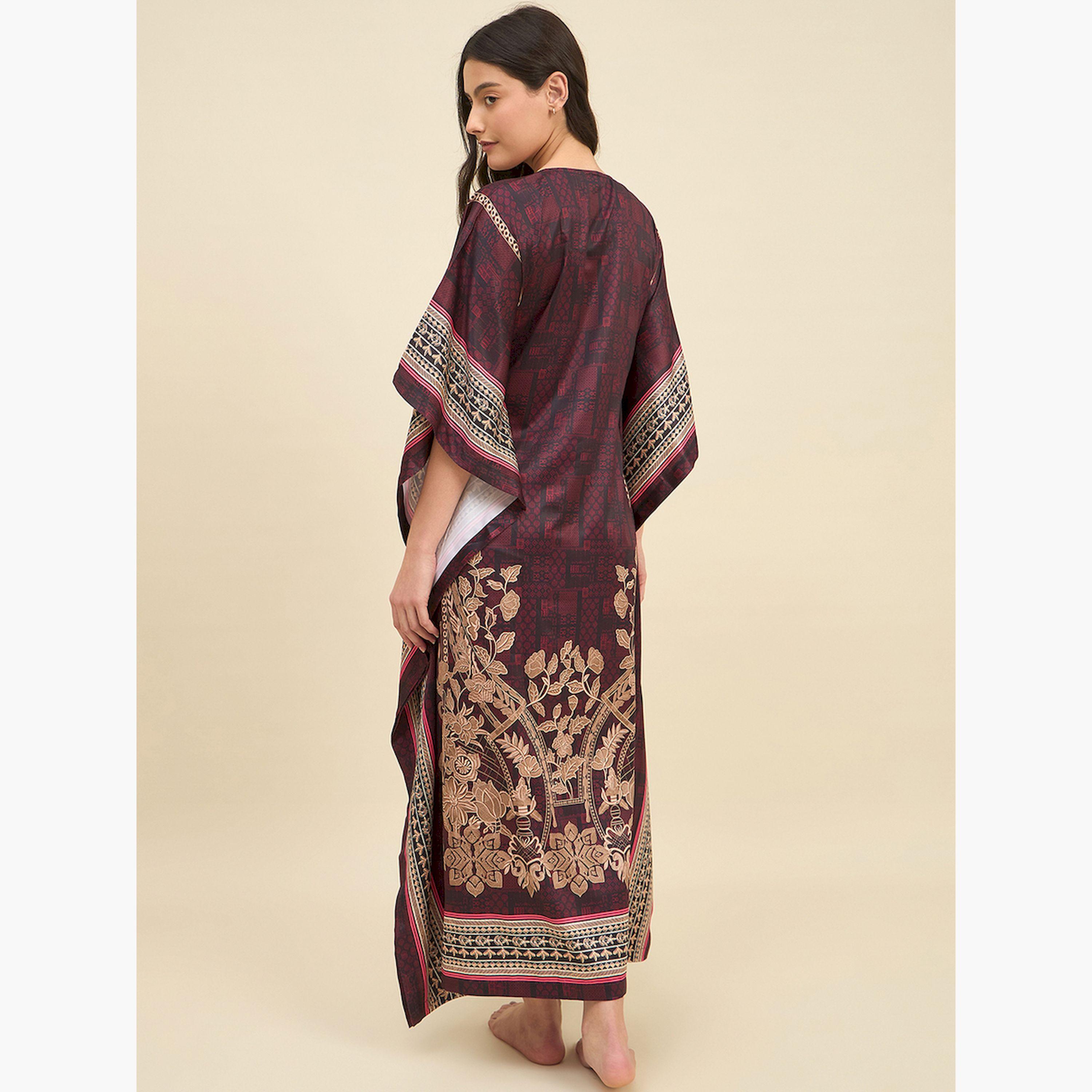 The Kaftan Company X Styli Brown Satin Printed Kaftan Nightdress-women-clothing-nightwear-nighties-image-4
