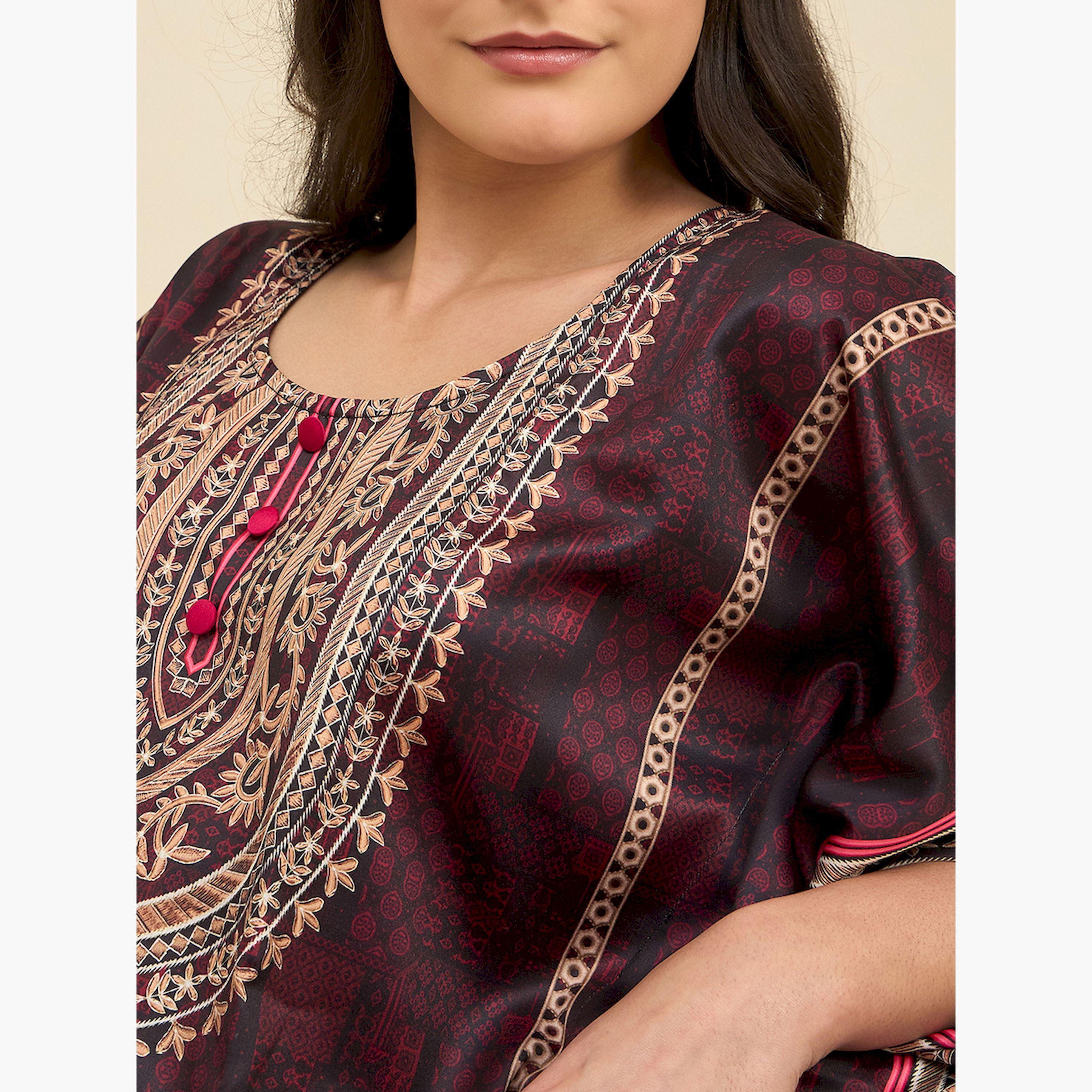 The Kaftan Company X Styli Brown Satin Printed Kaftan Nightdress-women-clothing-nightwear-nighties-image-5