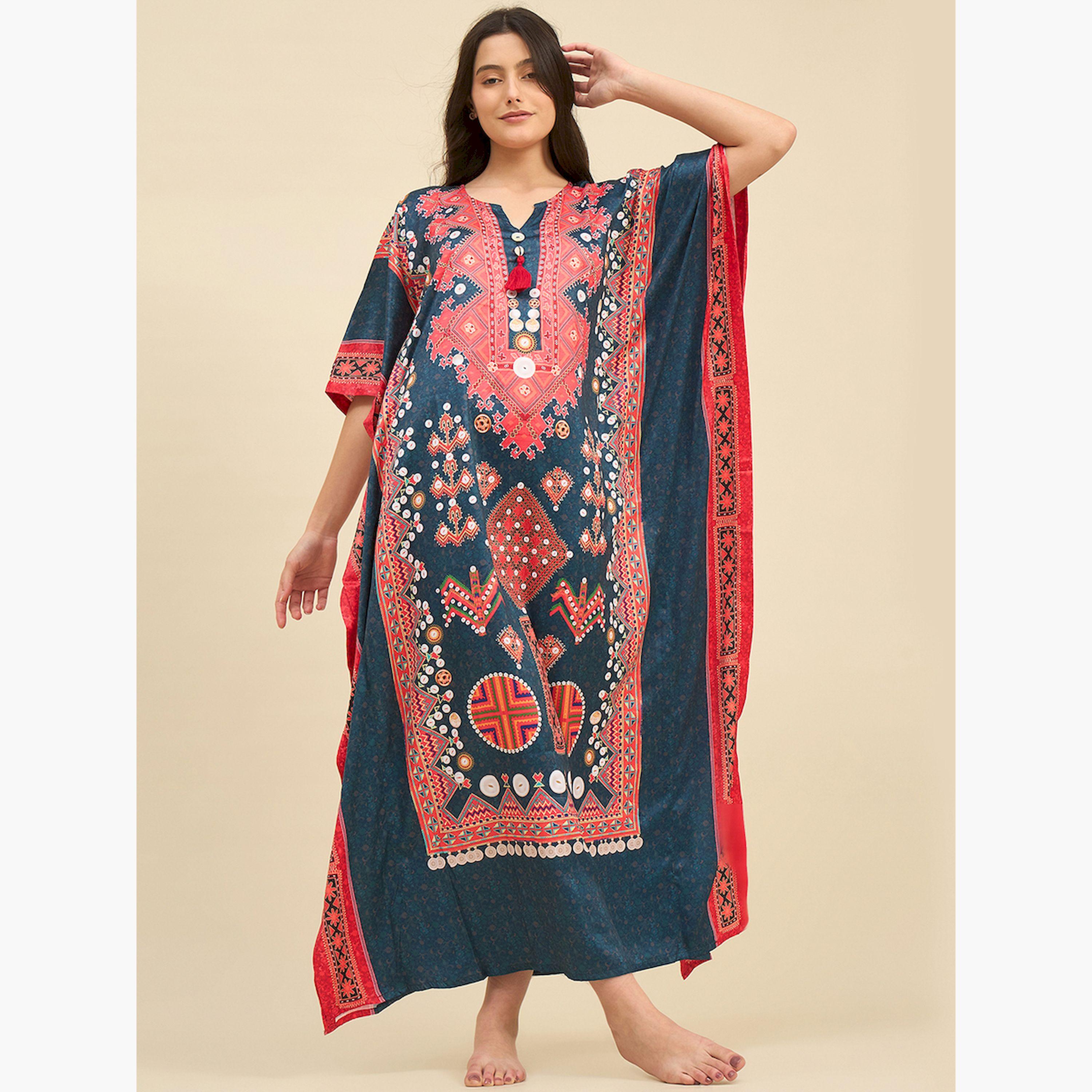 The Kaftan Company X Styli Printed Satin Kaftan Nightdress with 3/4 Sleeves-women-clothing-nightwear-nighties-image-1