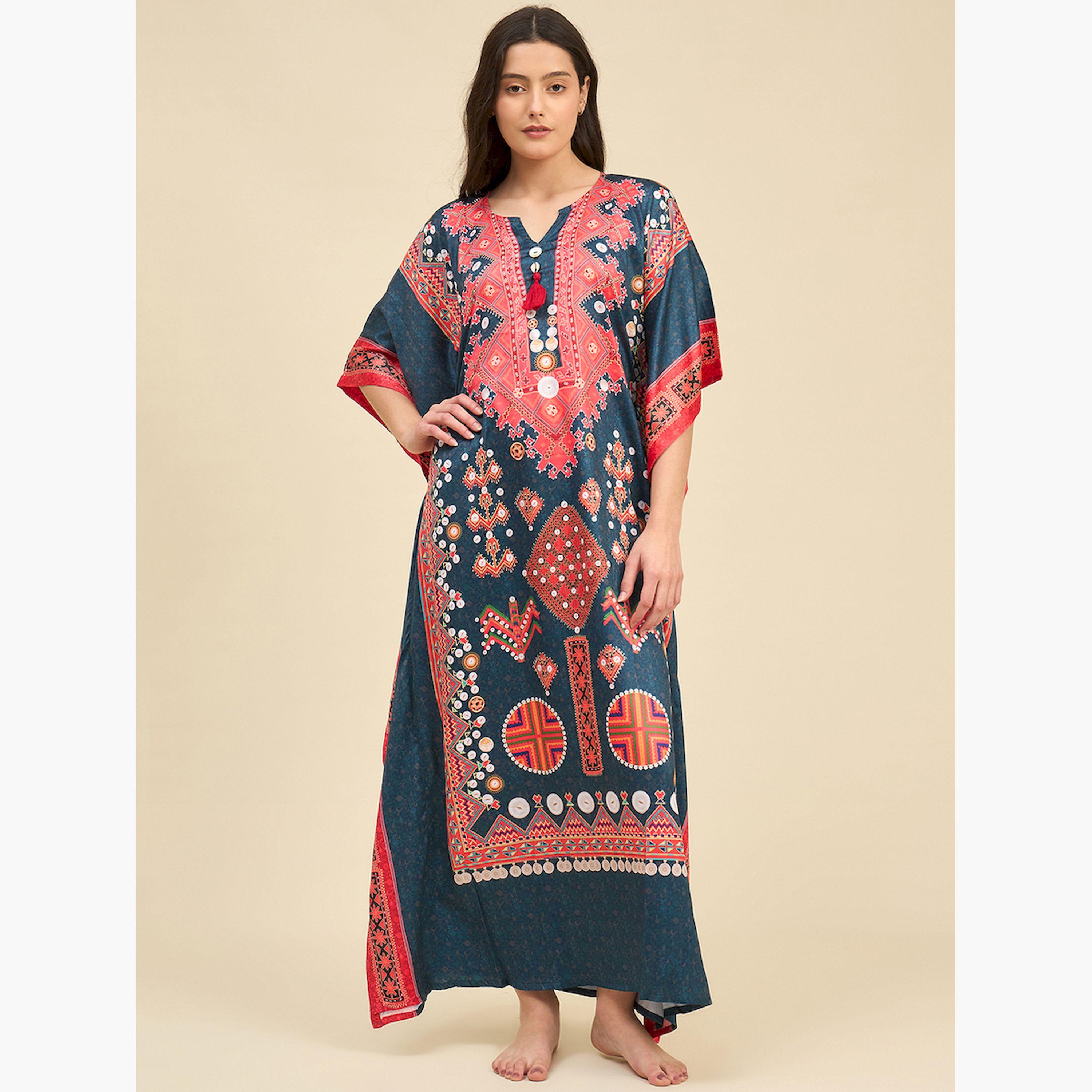 The Kaftan Company X Styli Printed Satin Kaftan Nightdress with 3/4 Sleeves-women-clothing-nightwear-nighties-image-2