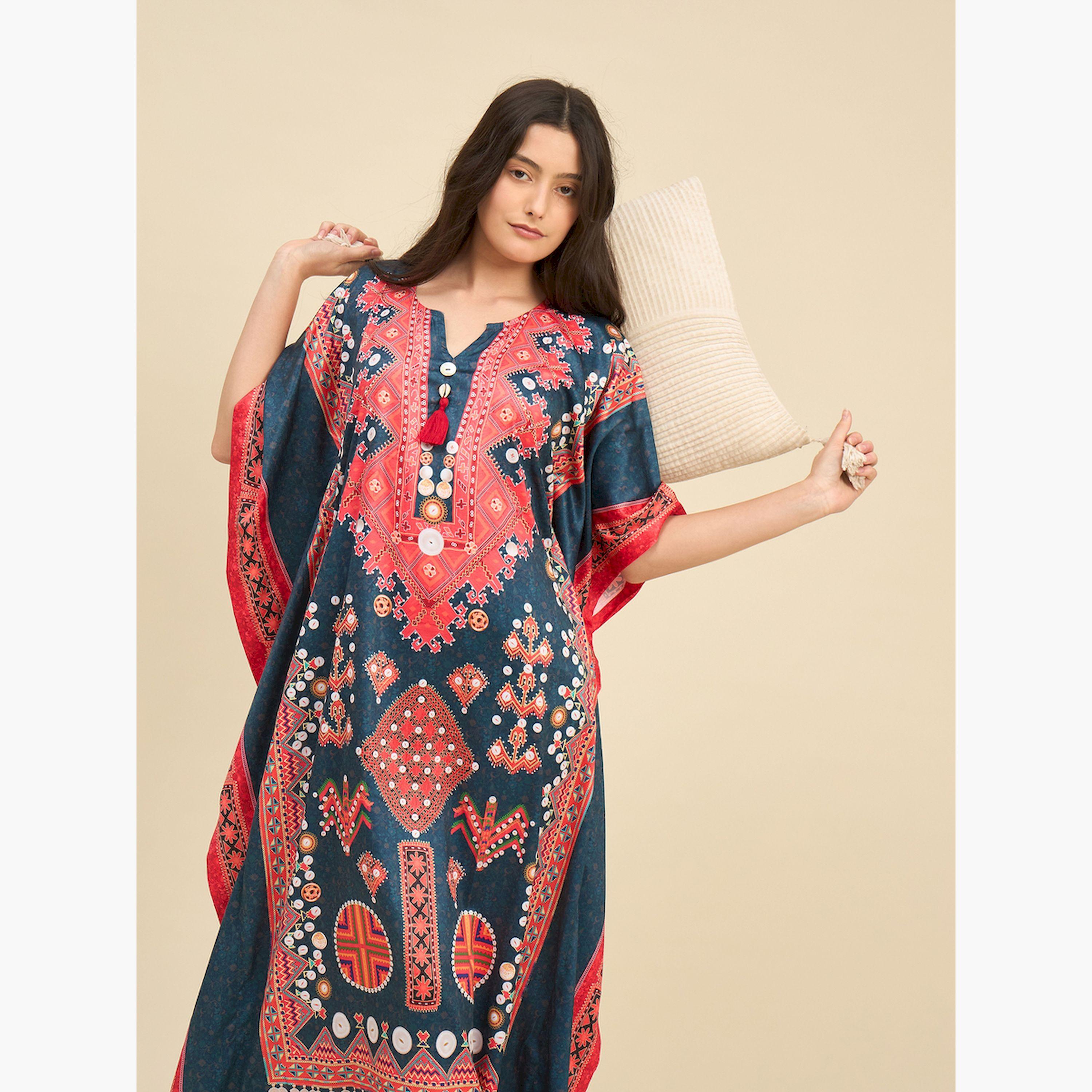 The Kaftan Company X Styli Printed Satin Kaftan Nightdress with 3/4 Sleeves-women-clothing-nightwear-nighties-image-3