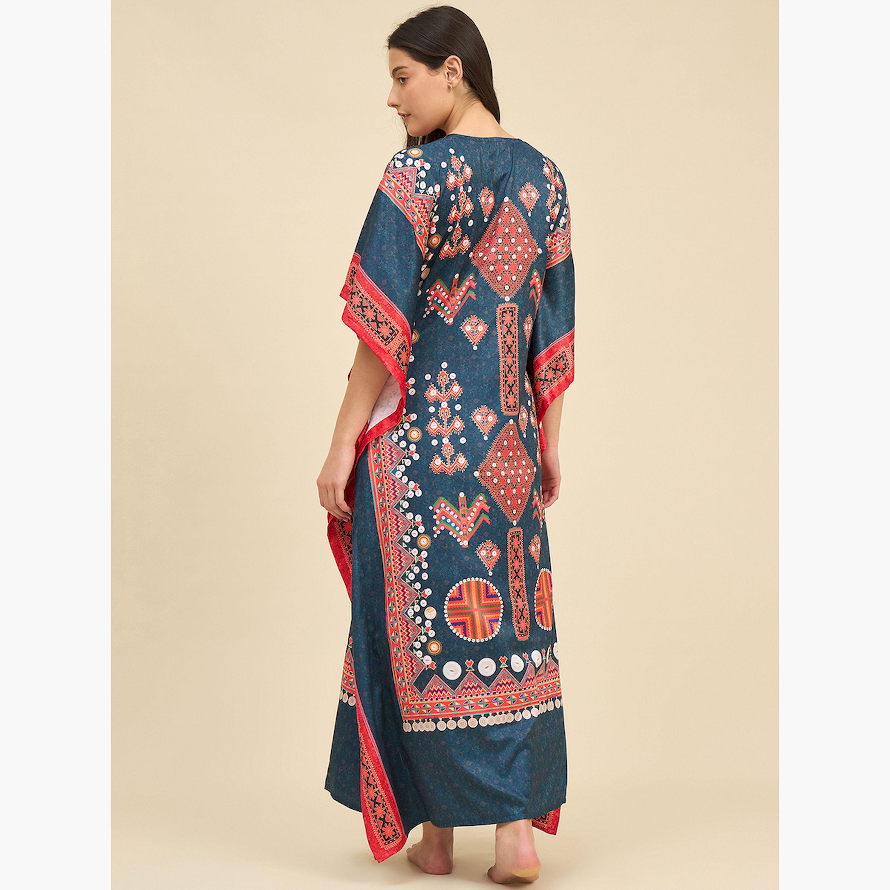 The Kaftan Company X Styli Printed Satin Kaftan Nightdress with 3/4 Sleeves-women-clothing-nightwear-nighties-image-4