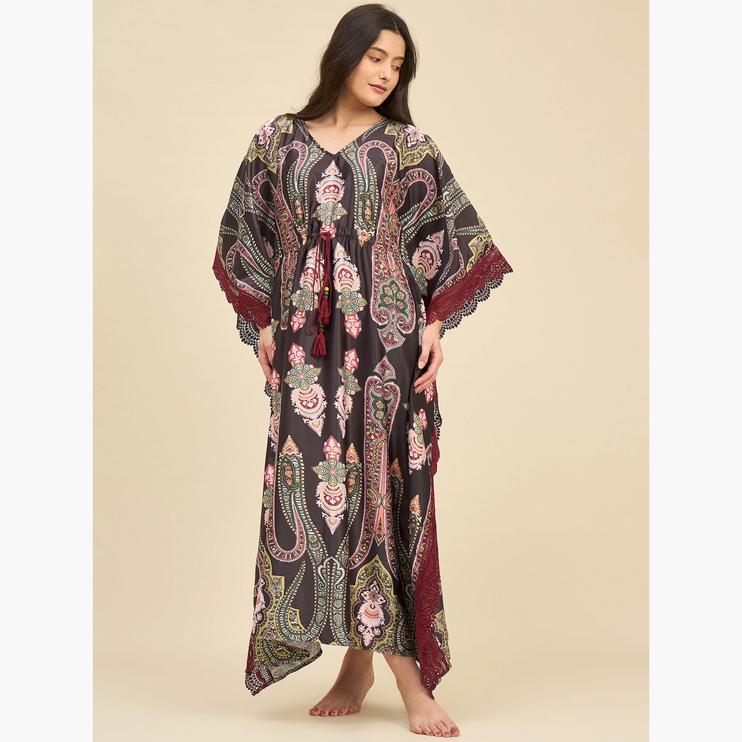 The Kaftan Company X Styli Black Satin Paisley Printed Kaftan Nightdress-women-clothing-nightwear-nighties-image-1