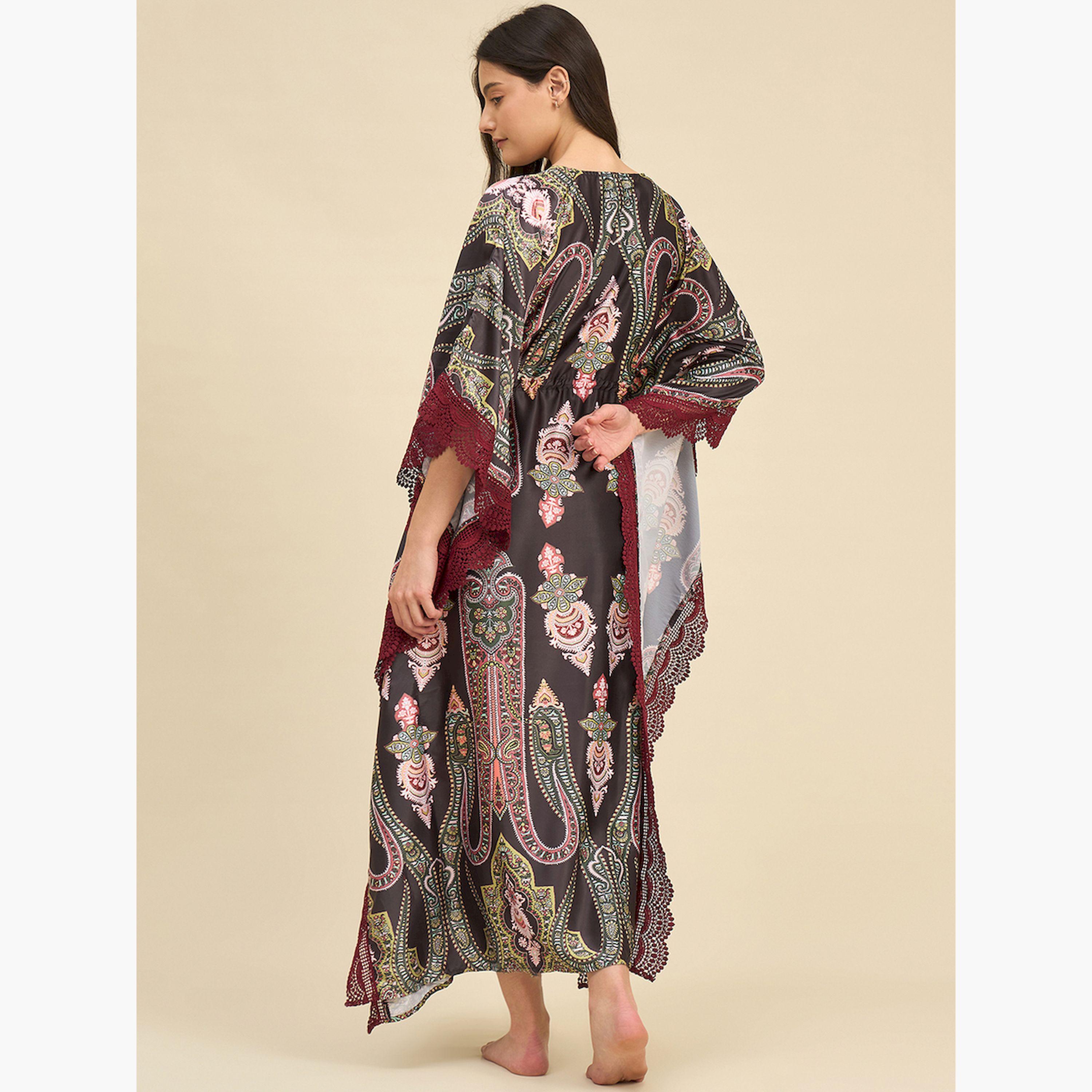 The Kaftan Company X Styli Black Satin Paisley Printed Kaftan Nightdress-women-clothing-nightwear-nighties-image-4