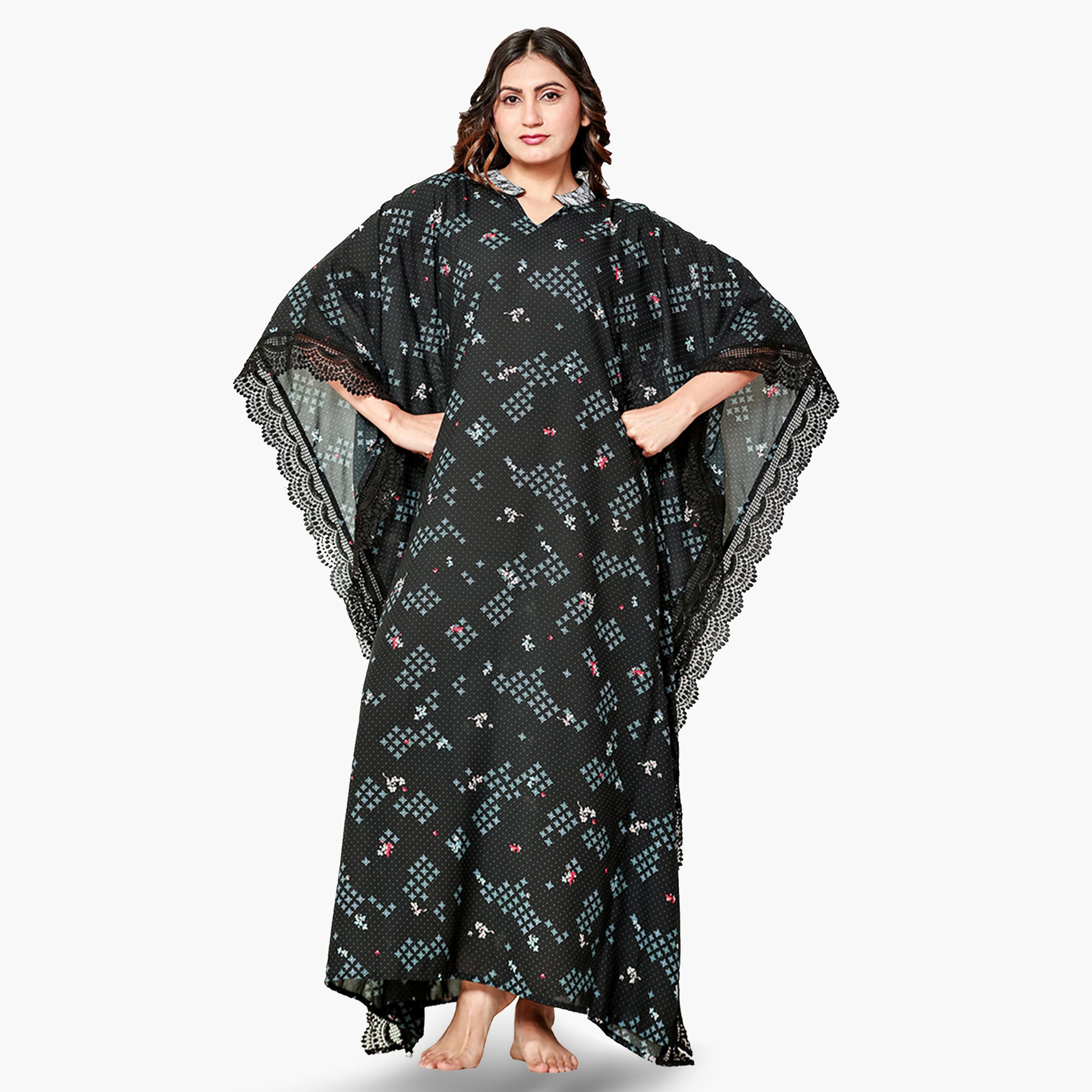 قميص نوم قفطان مطبوع بتفاصيل دانتيل-women-clothing-nightwear-nighties-image-1