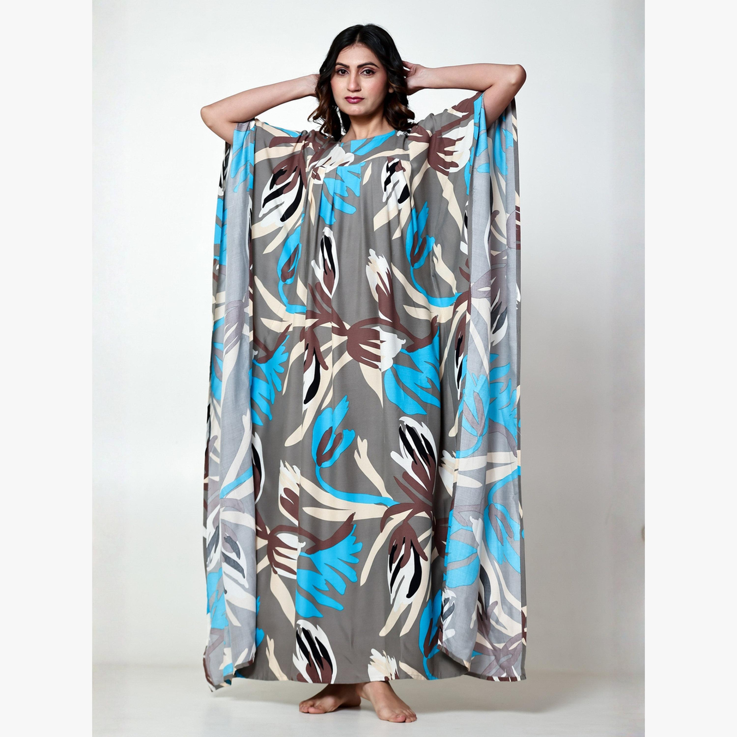 The Kaftan Company X Styli Grey Floral Print Kaftan with Yoke Gathers-women-clothing-nightwear-nighties-image-1