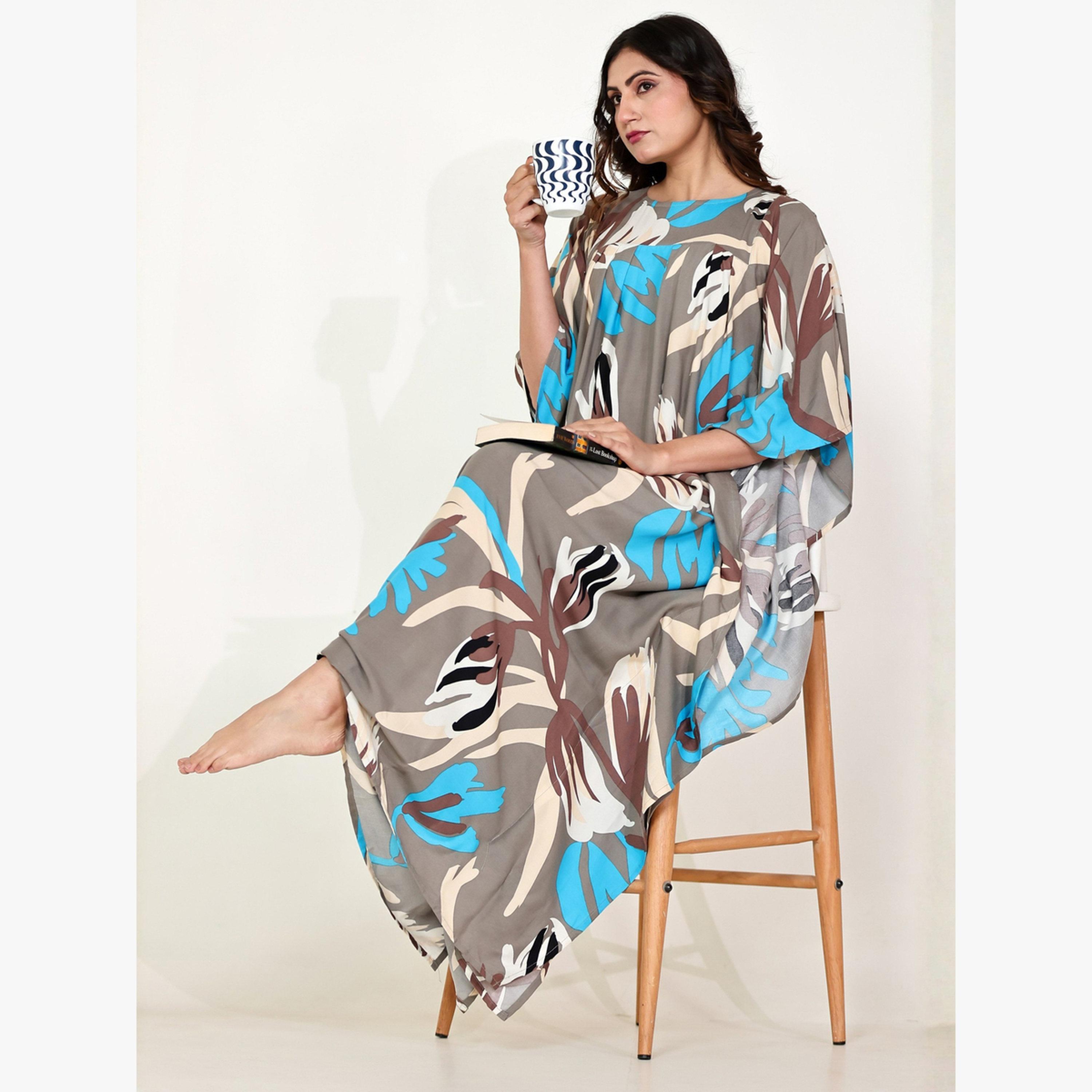 The Kaftan Company X Styli Grey Floral Print Kaftan with Yoke Gathers-women-clothing-nightwear-nighties-image-2