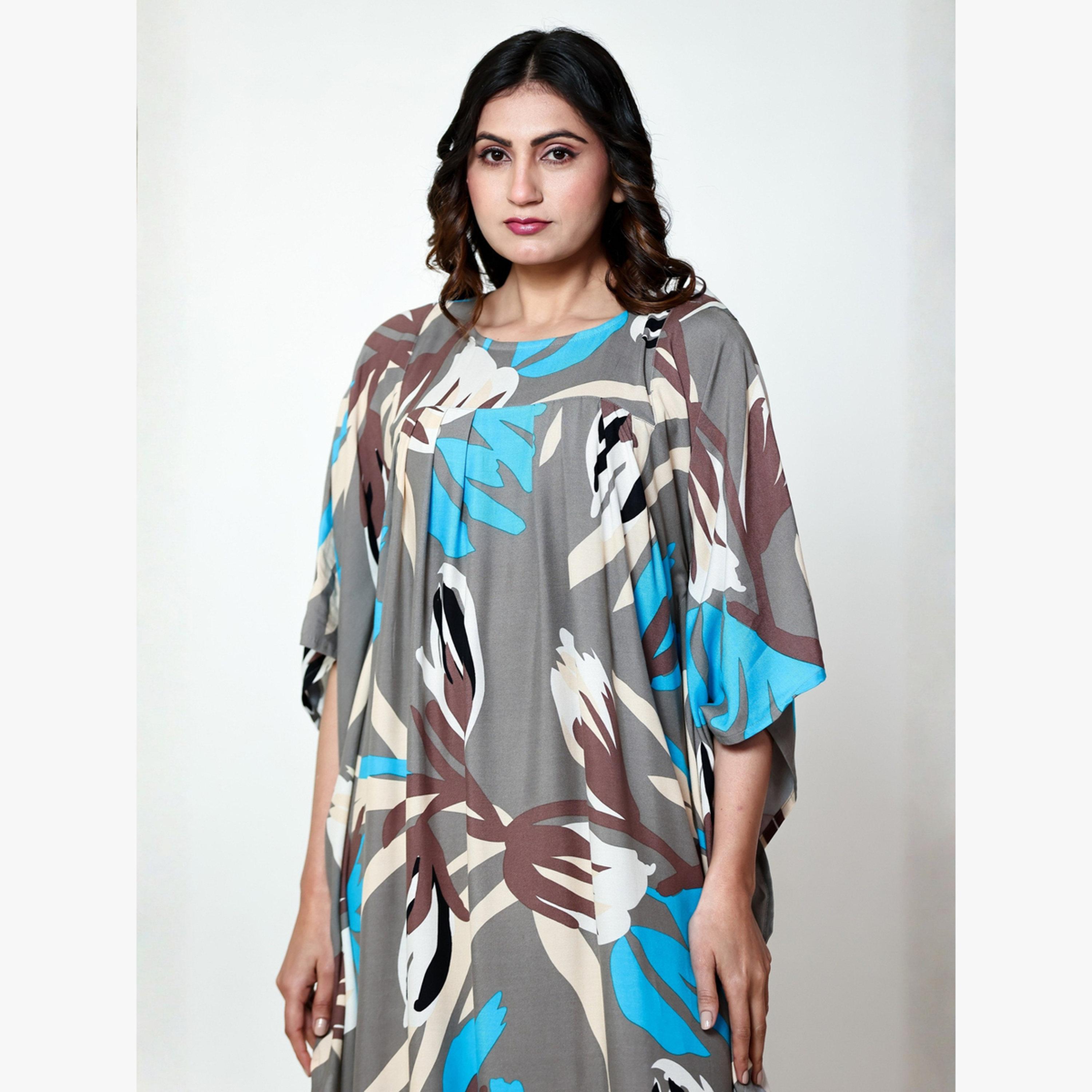 The Kaftan Company X Styli Grey Floral Print Kaftan with Yoke Gathers-women-clothing-nightwear-nighties-image-3