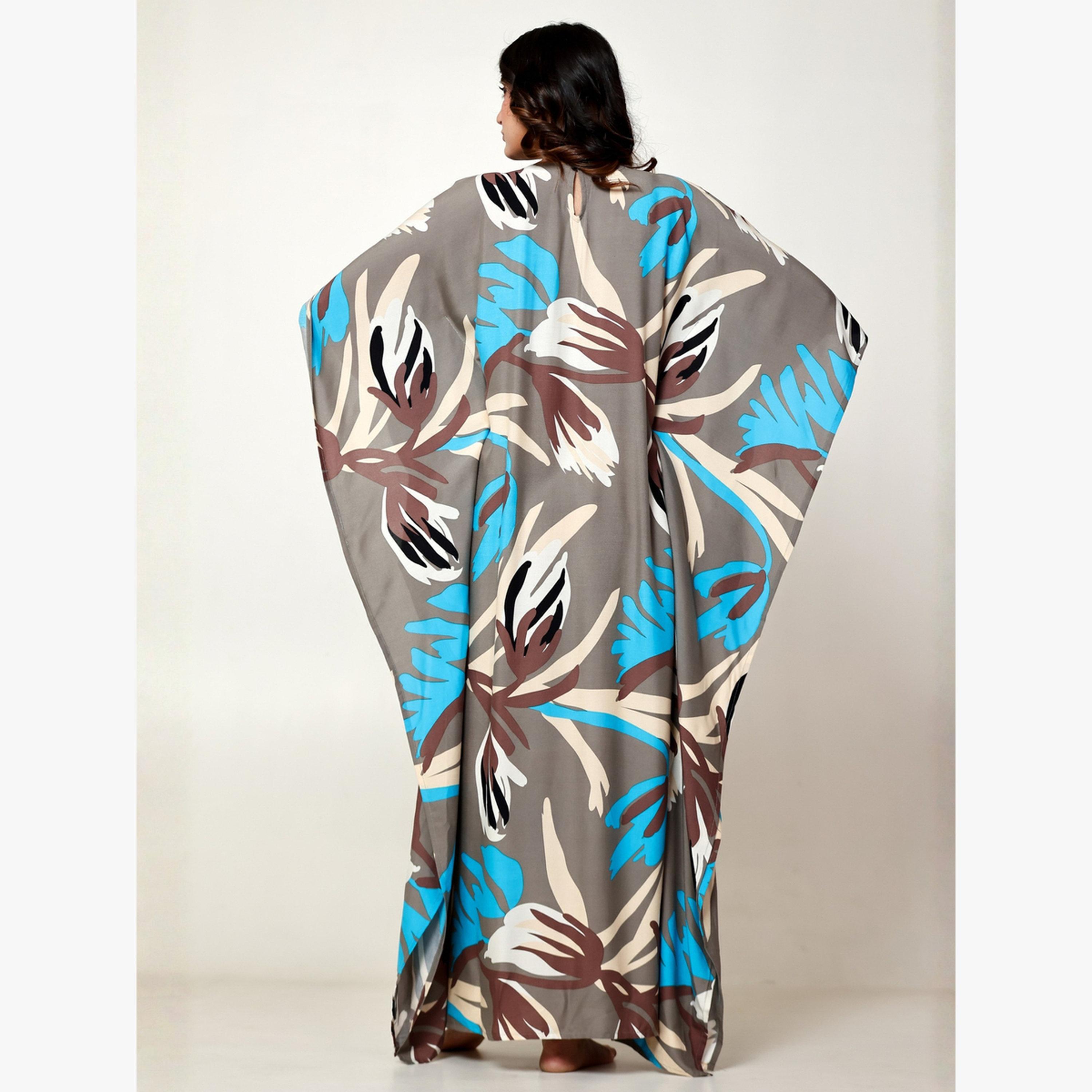 The Kaftan Company X Styli Grey Floral Print Kaftan with Yoke Gathers-women-clothing-nightwear-nighties-image-4