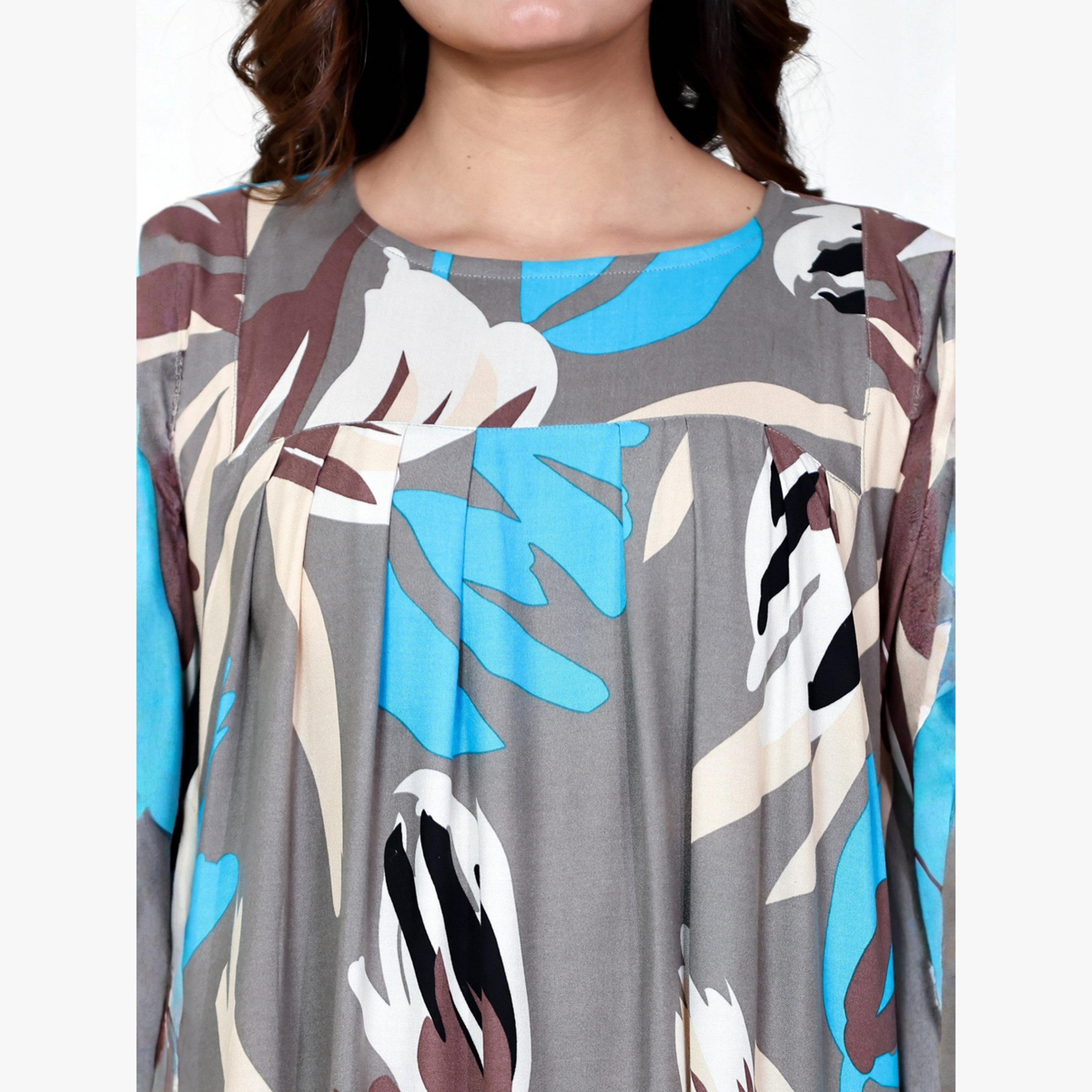 The Kaftan Company X Styli Grey Floral Print Kaftan with Yoke Gathers-women-clothing-nightwear-nighties-image-5