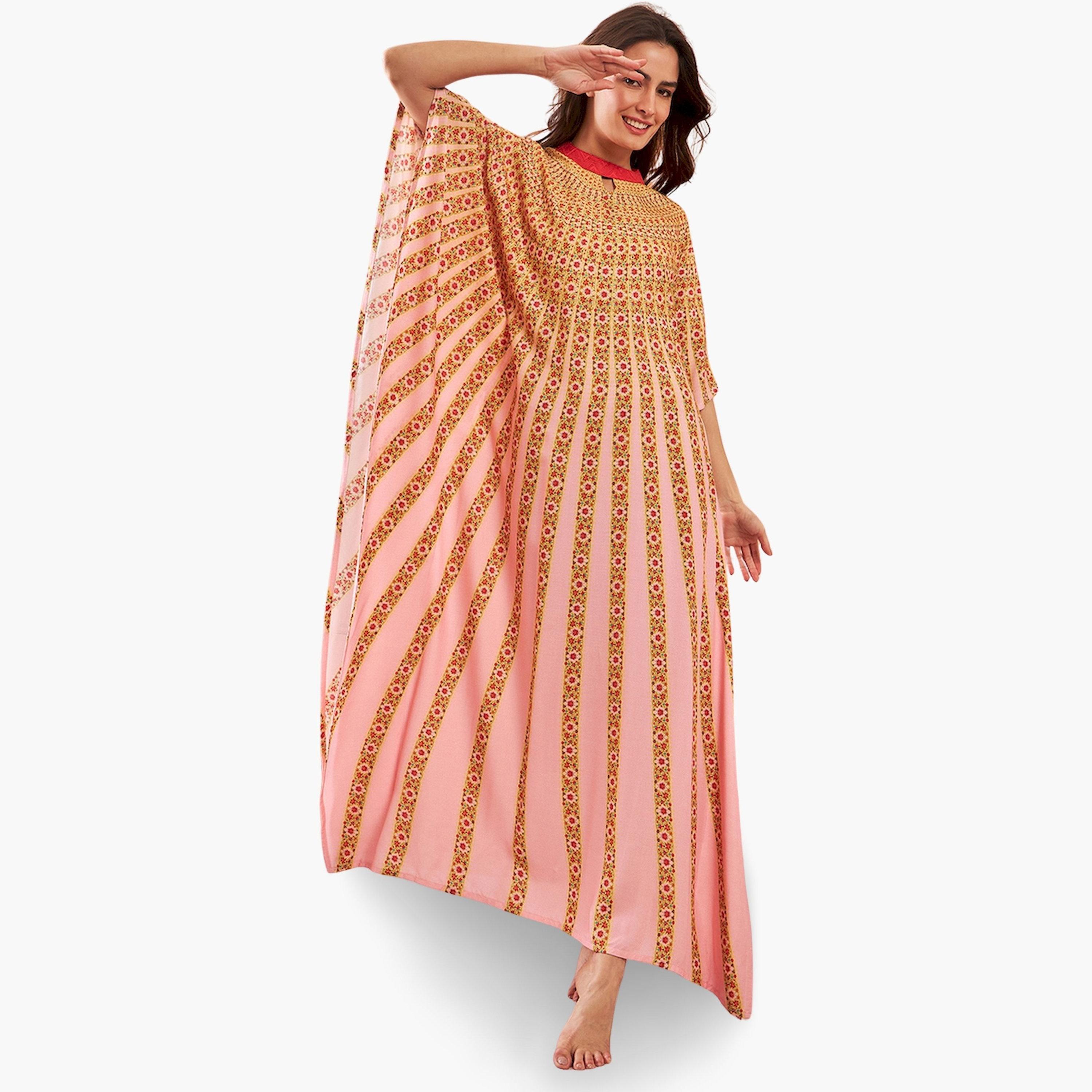 قميص نوم قفطان وردي بنقشة الزهور وأكمام 3/4-women-clothing-nightwear-nighties-image-2