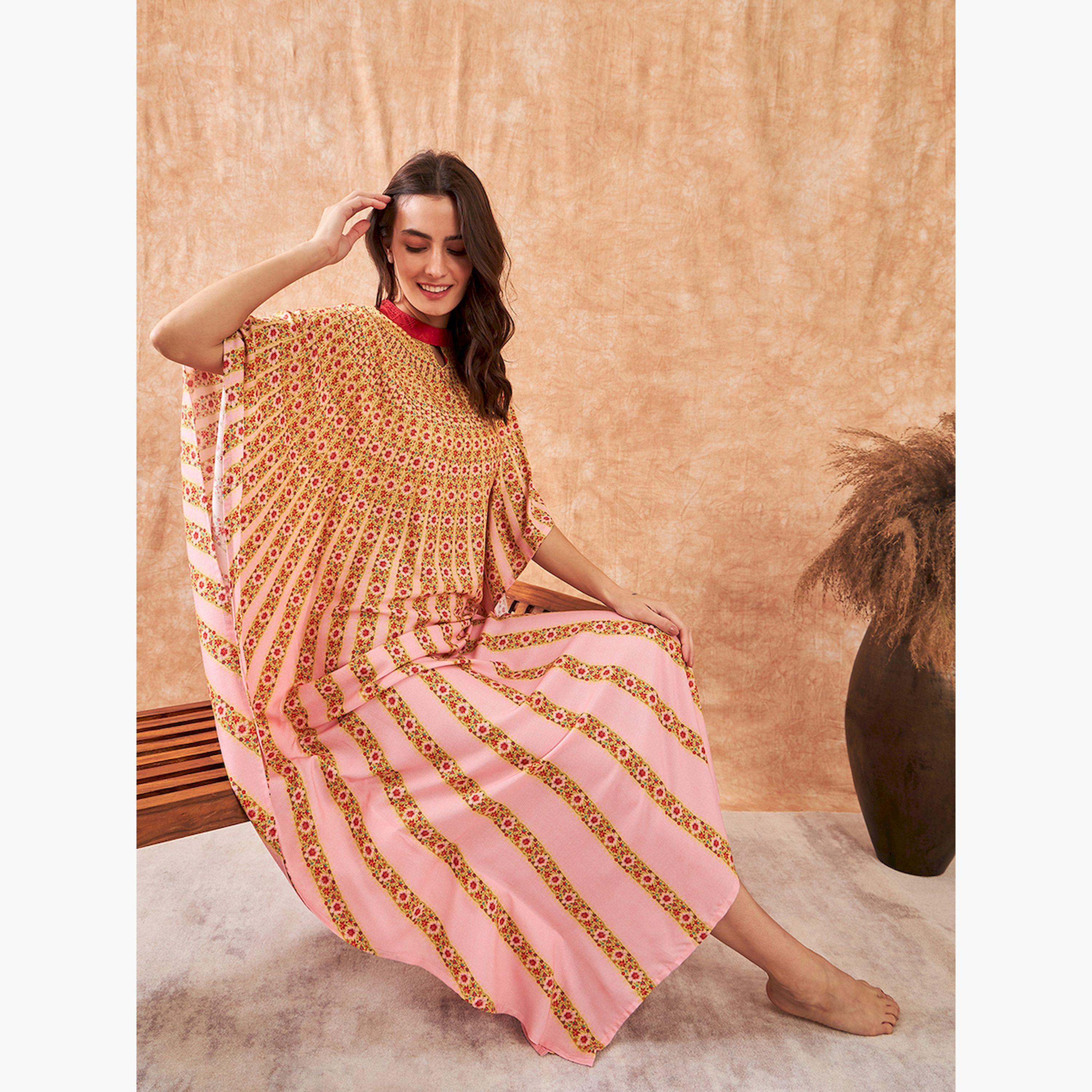 قميص نوم قفطان وردي بنقشة الزهور وأكمام 3/4-women-clothing-nightwear-nighties-image-3