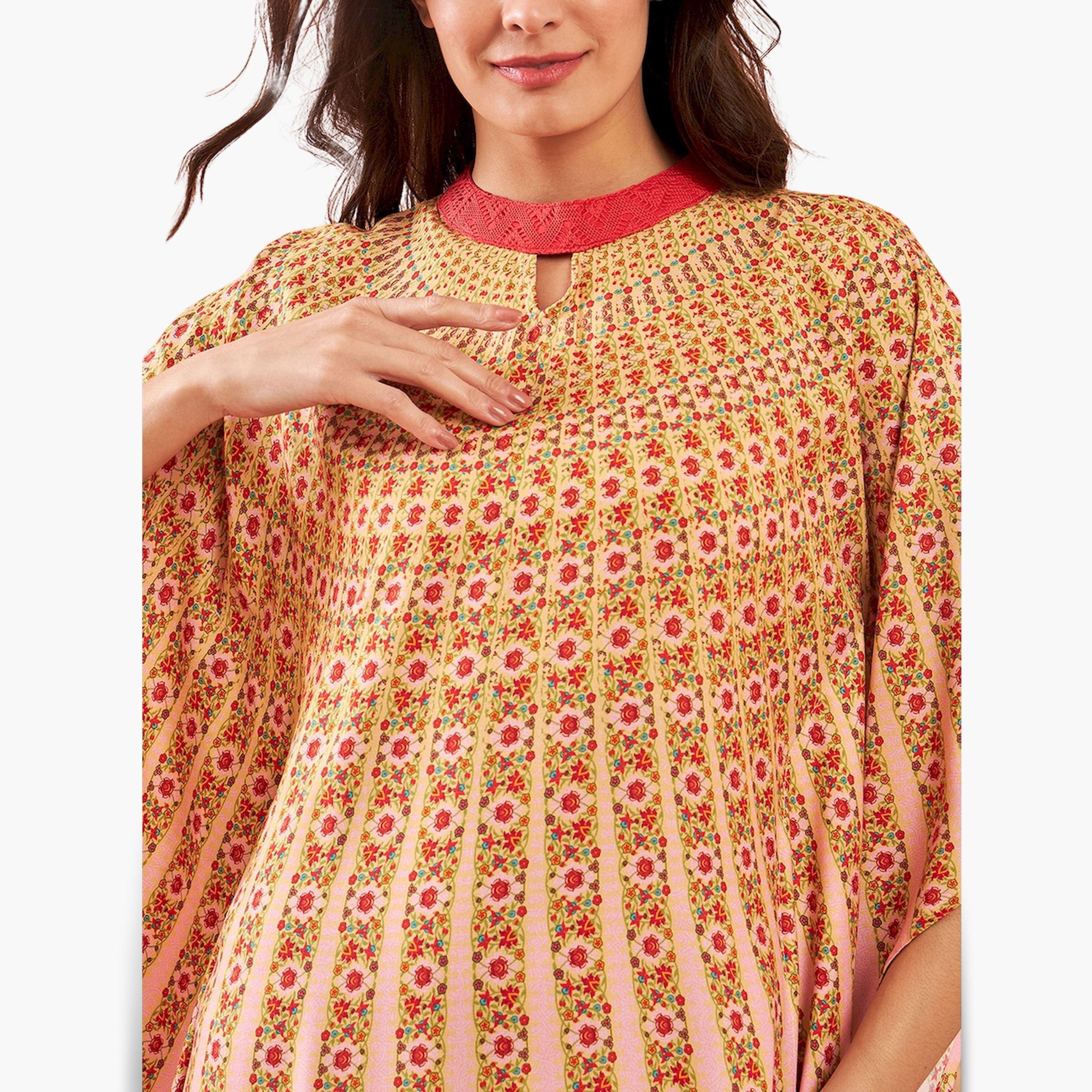 قميص نوم قفطان وردي بنقشة الزهور وأكمام 3/4-women-clothing-nightwear-nighties-image-5