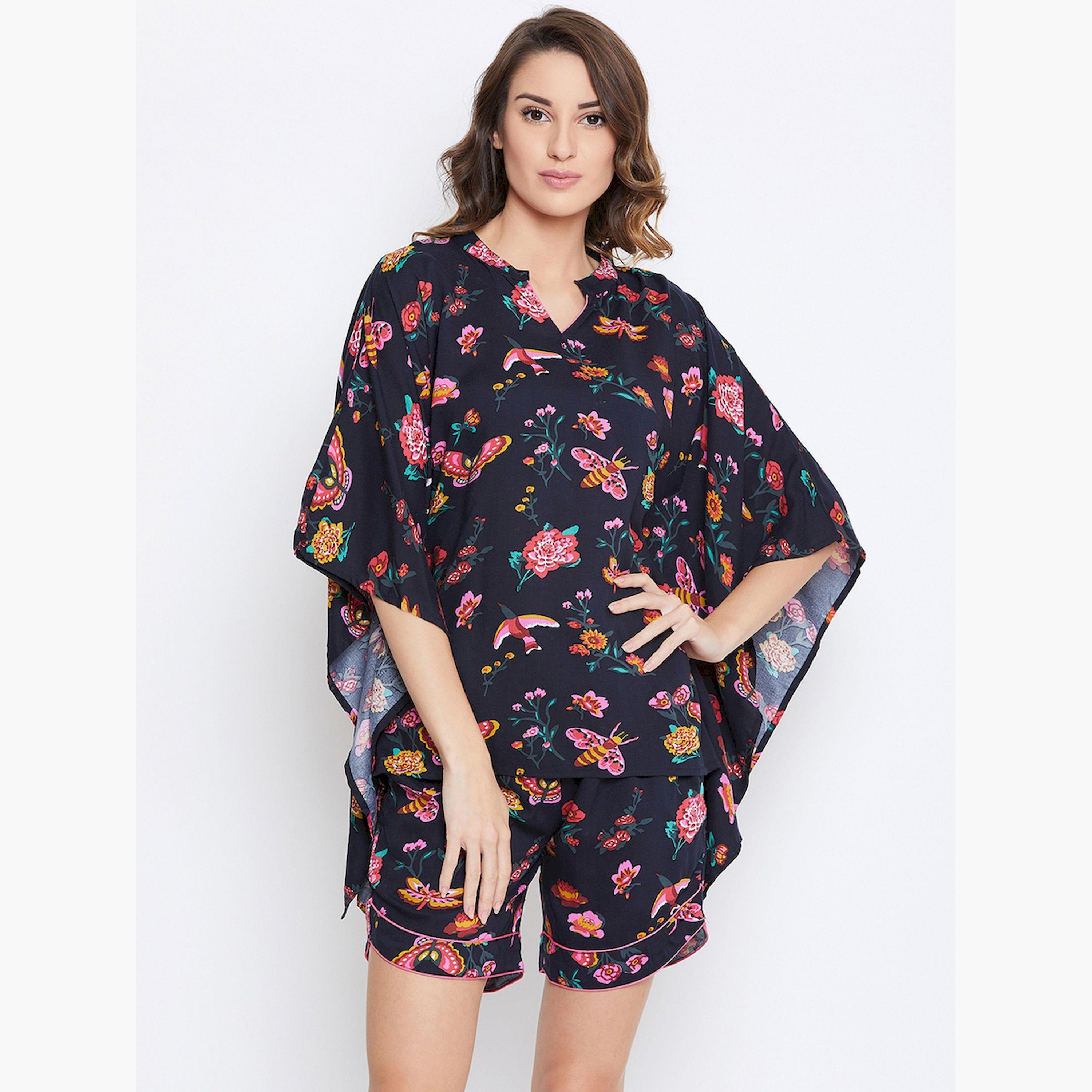 طقم فيسكوز بلوزة قفطان مطبوع بزخارف زهور وشورت-women-clothing-nightwear-pyjamas-shortsets-image-5